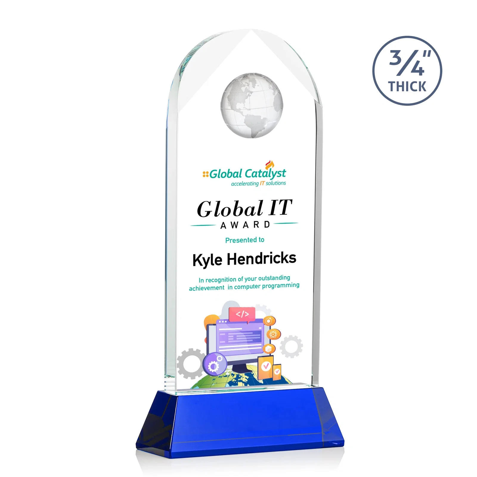 Personalized Starfire Crystal Arch Award Topped With an Optical Crystal Globe for team milestone celebrations