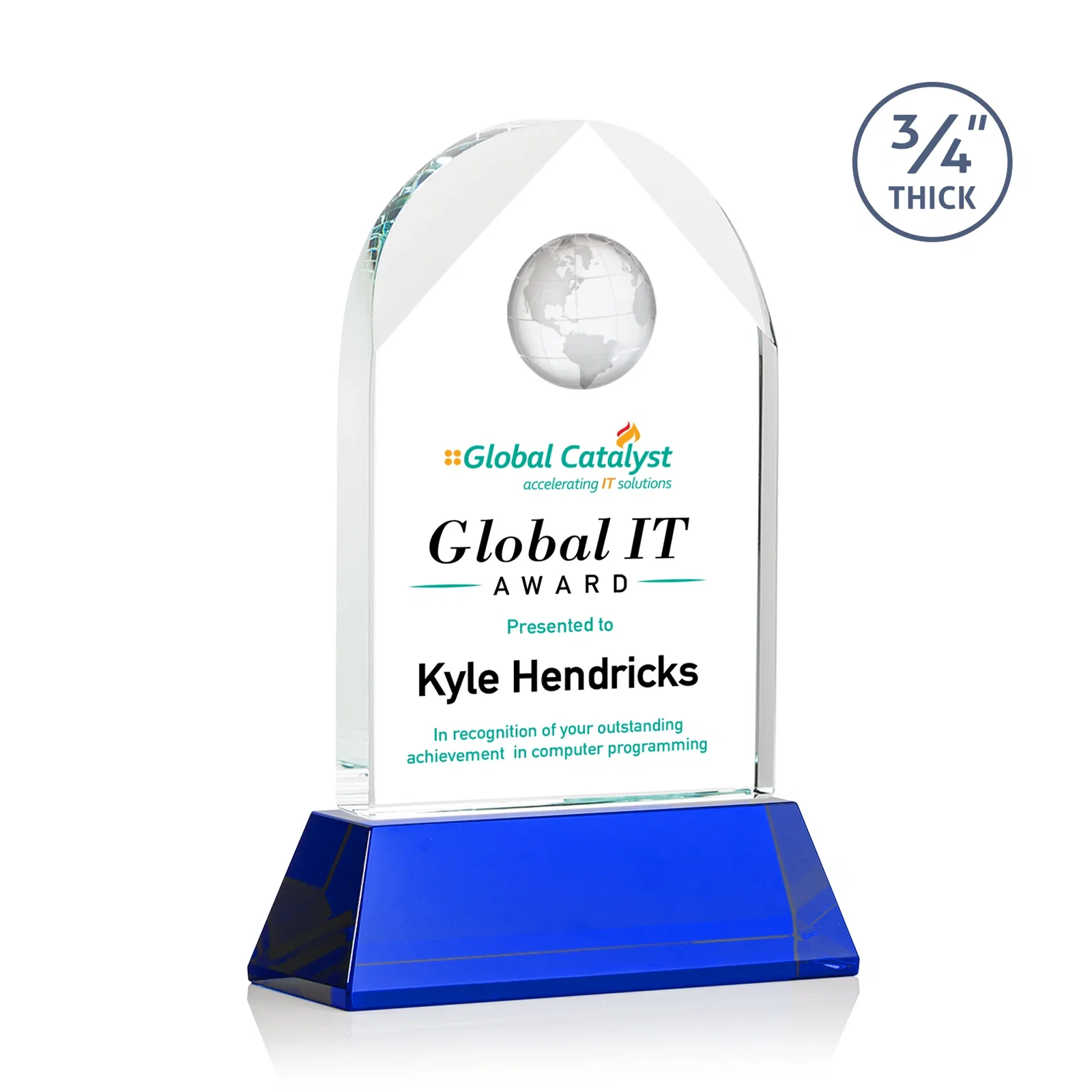 Personalized Starfire Crystal Arch Award Topped With an Optical Crystal Globe for donor appreciation