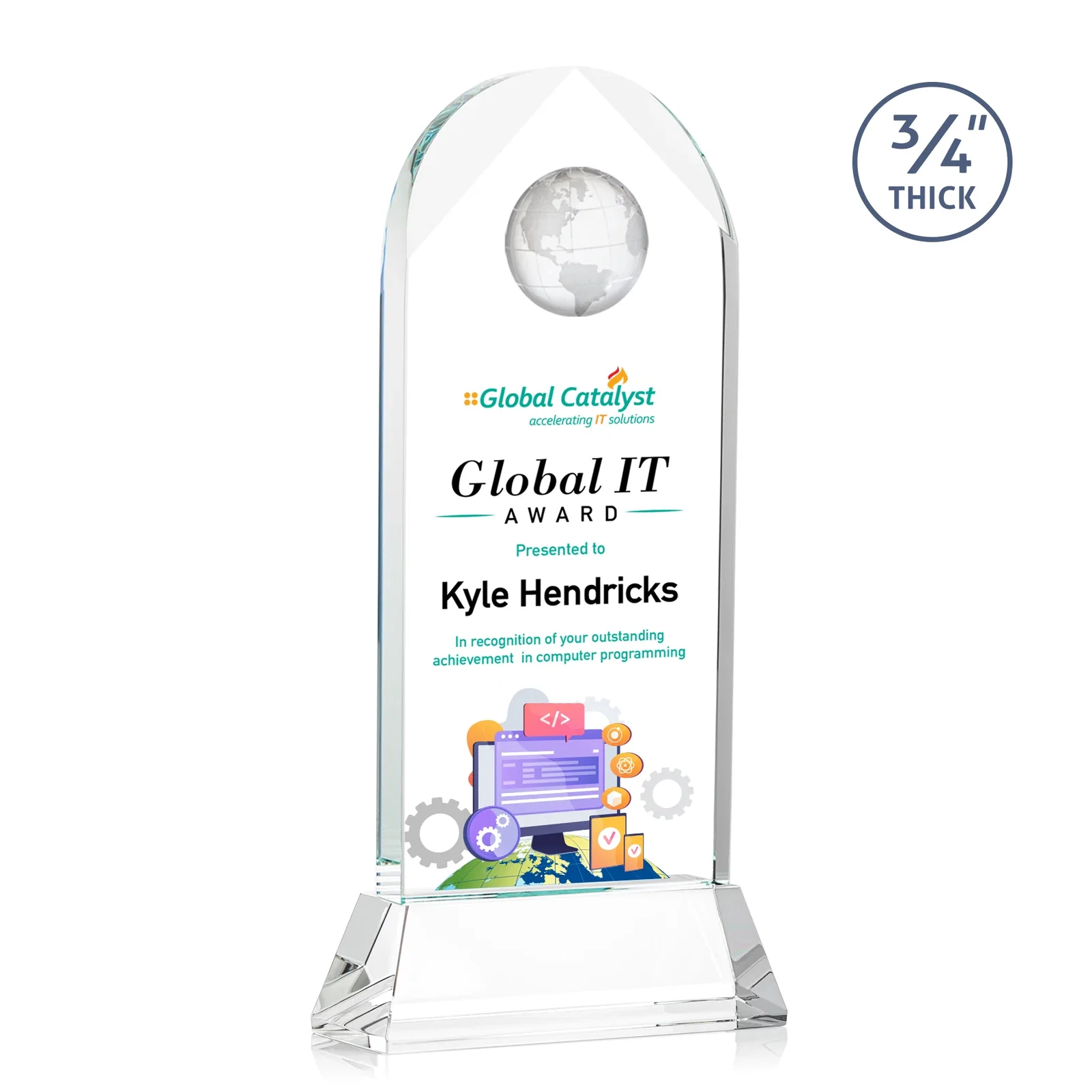Custom Starfire Crystal Arch Award Topped With an Optical Crystal Globe for corporate award ceremonies