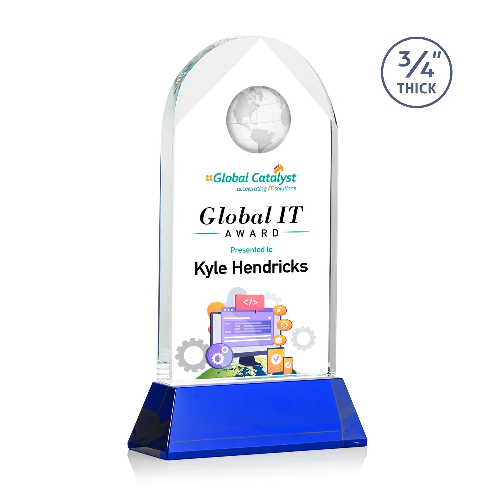 Personalized Starfire Crystal Arch Award Topped With an Optical Crystal Globe for graduation ceremonies