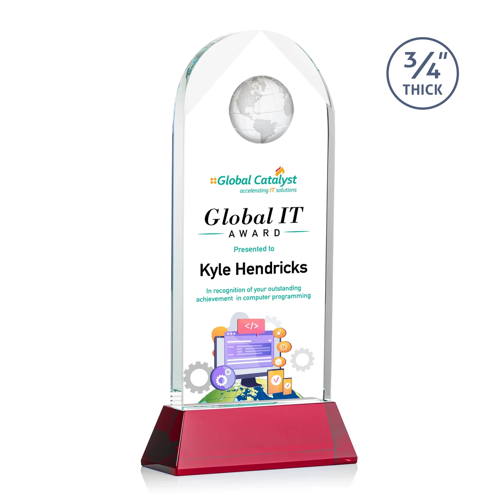 Personalized Starfire Crystal Arch Award Topped With an Optical Crystal Globe for volunteer appreciation