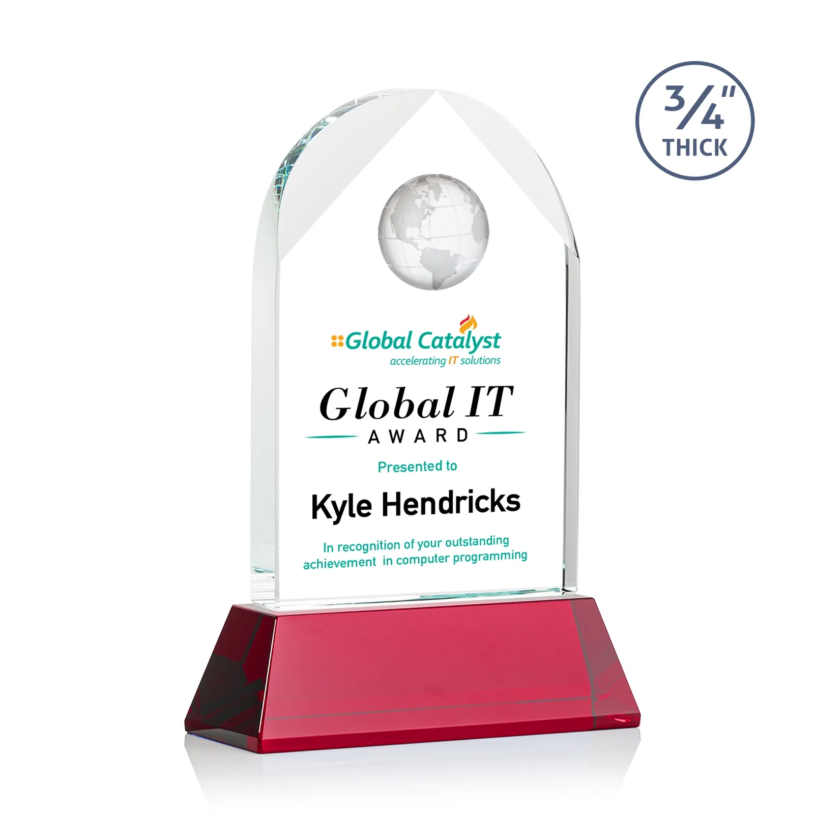 Personalized Starfire Crystal Arch Award Topped With an Optical Crystal Globe for dealer and partner awards