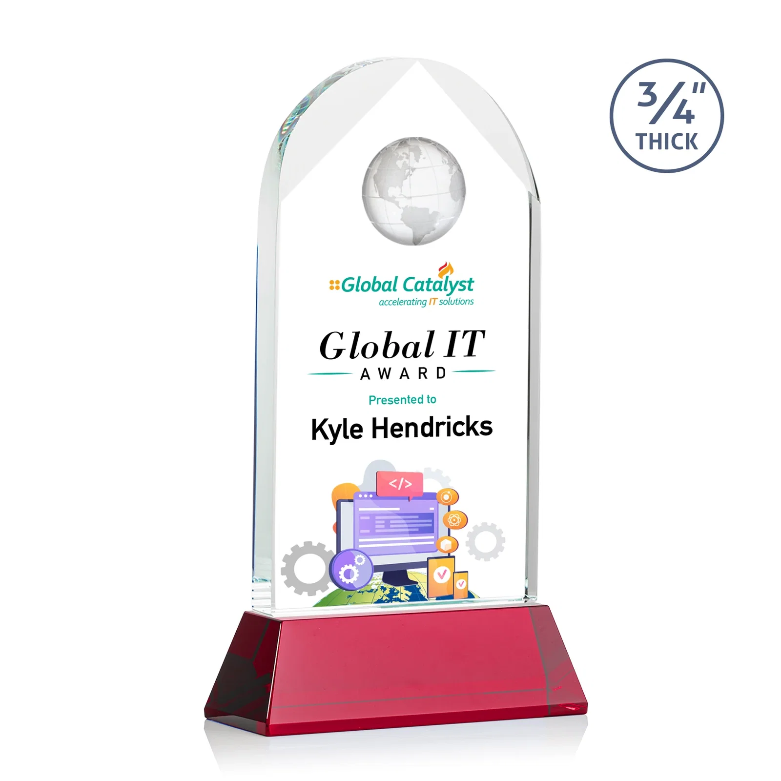 Personalized Starfire Crystal Arch Award Topped With an Optical Crystal Globe for company anniversary events