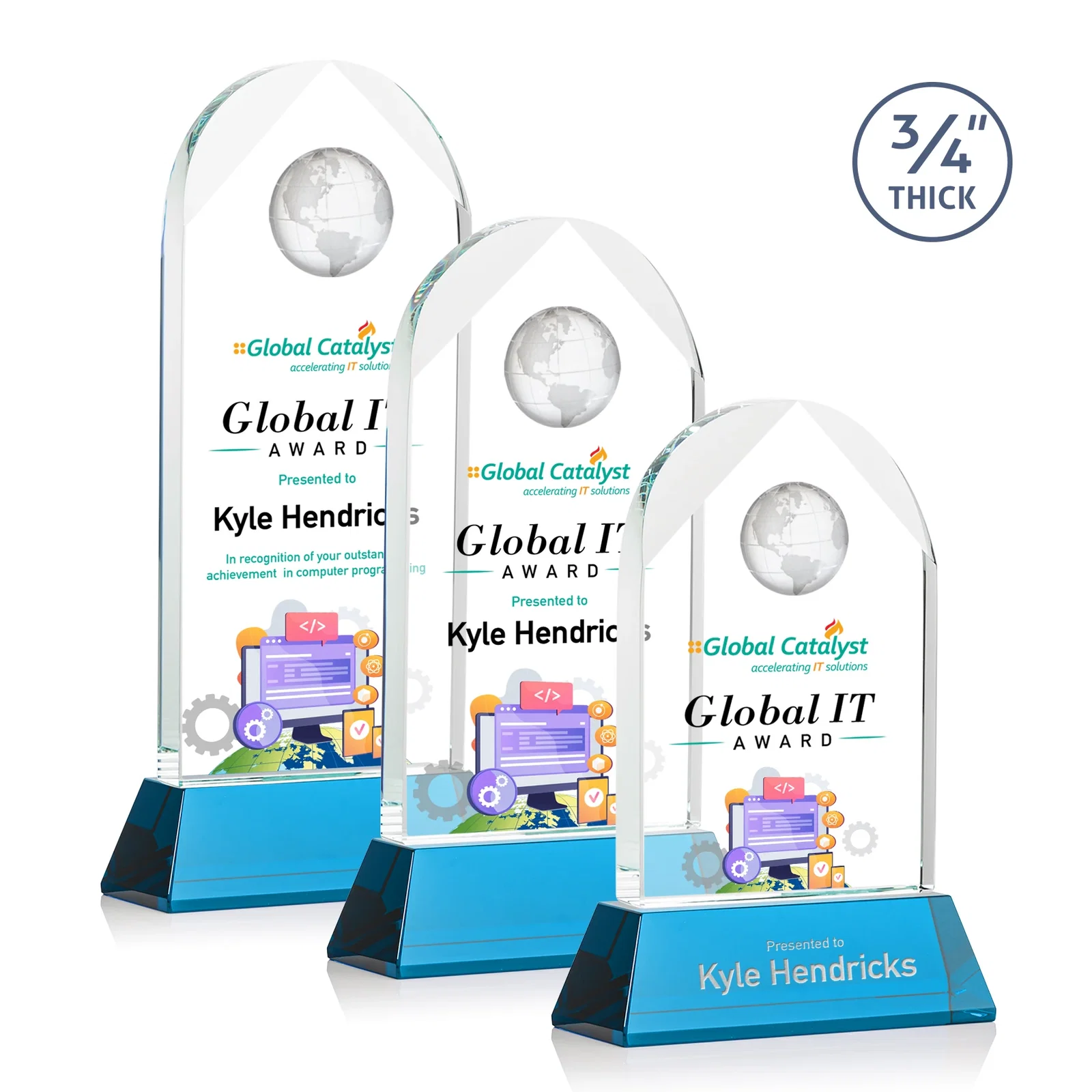 Promotional Starfire Crystal Arch Award Topped With an Optical Crystal Globe for employee recognition