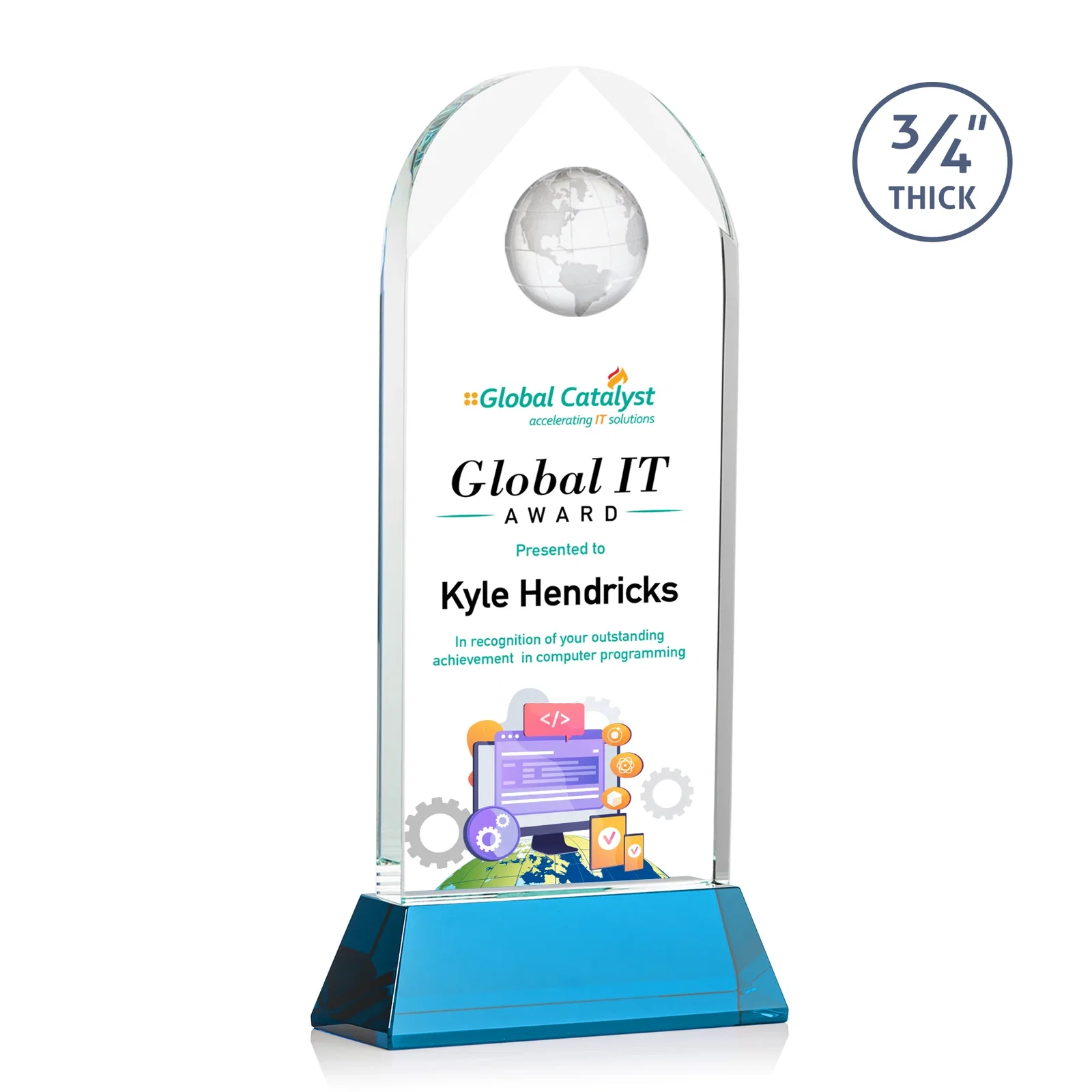 Promotional Starfire Crystal Arch Award Topped With an Optical Crystal Globe for corporate award ceremonies