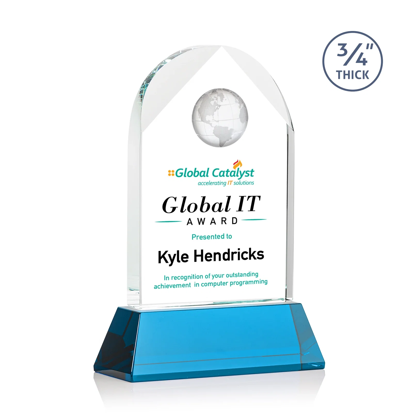 Promotional Starfire Crystal Arch Award Topped With an Optical Crystal Globe for service anniversary gifts