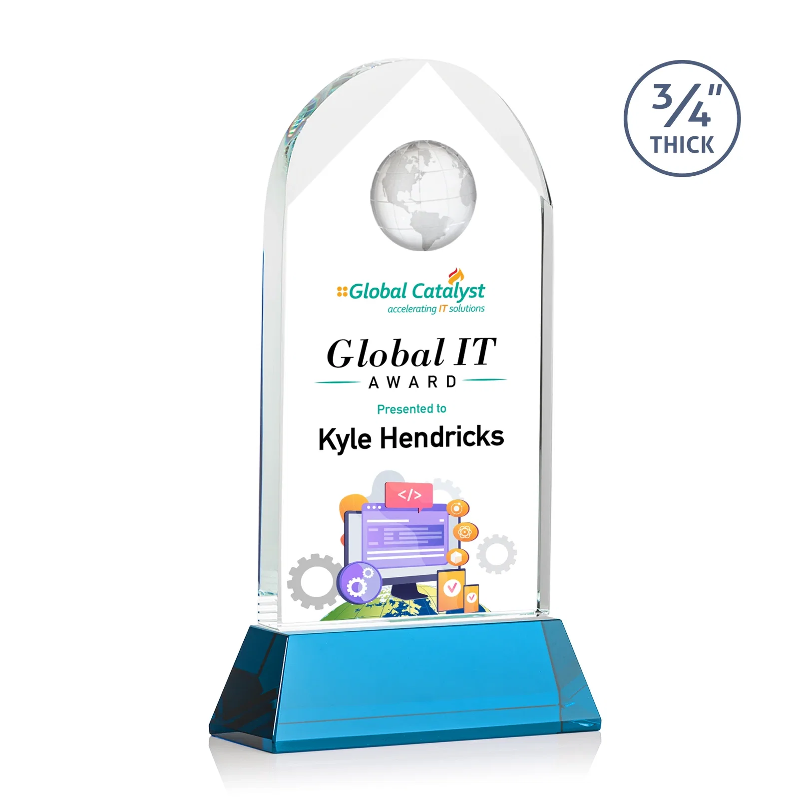 Promotional Starfire Crystal Arch Award Topped With an Optical Crystal Globe for sales achievement awards