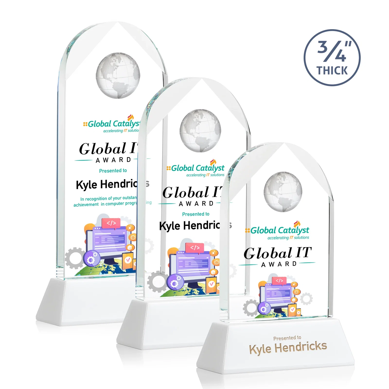 Promotional Starfire Crystal Arch Award Topped With an Optical Crystal Globe for retirement presentations