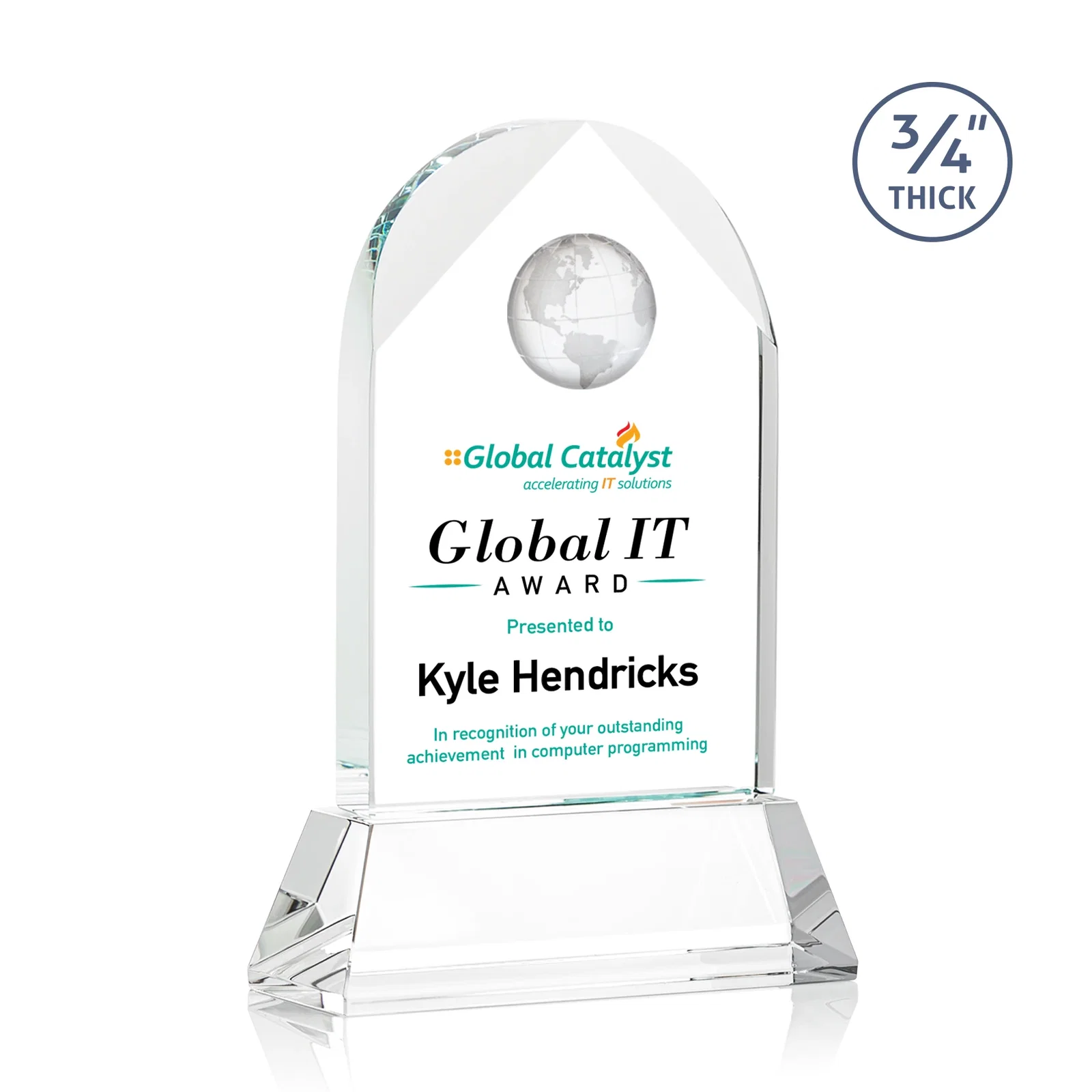 Custom Starfire Crystal Arch Award Topped With an Optical Crystal Globe for service anniversary gifts