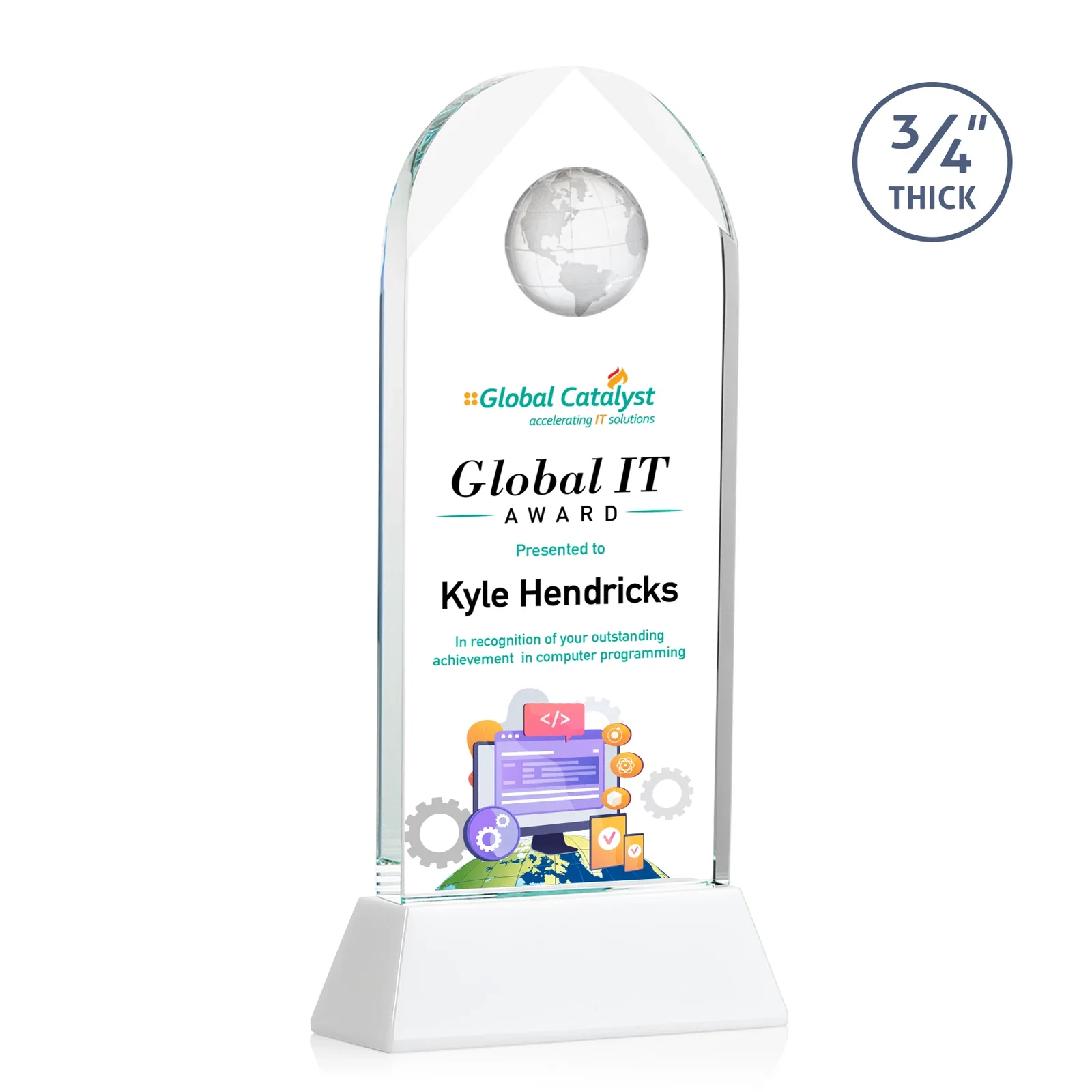 Promotional Starfire Crystal Arch Award Topped With an Optical Crystal Globe for team milestone celebrations
