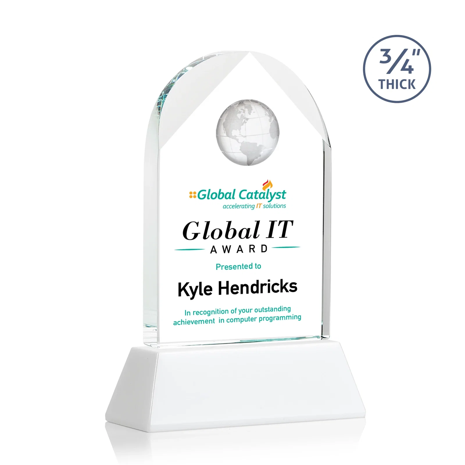 Promotional Starfire Crystal Arch Award Topped With an Optical Crystal Globe for donor appreciation