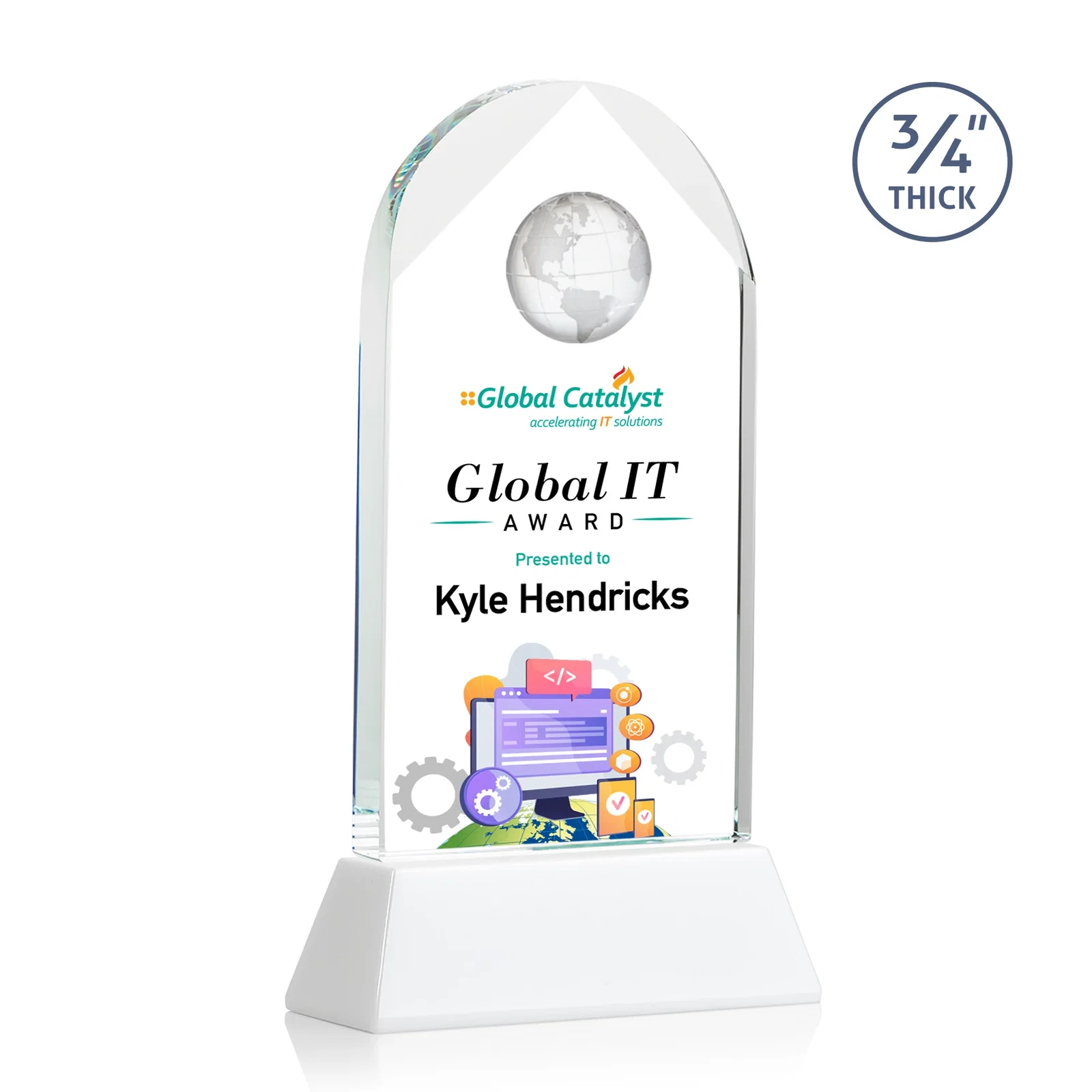 Promotional Starfire Crystal Arch Award Topped With an Optical Crystal Globe for graduation ceremonies