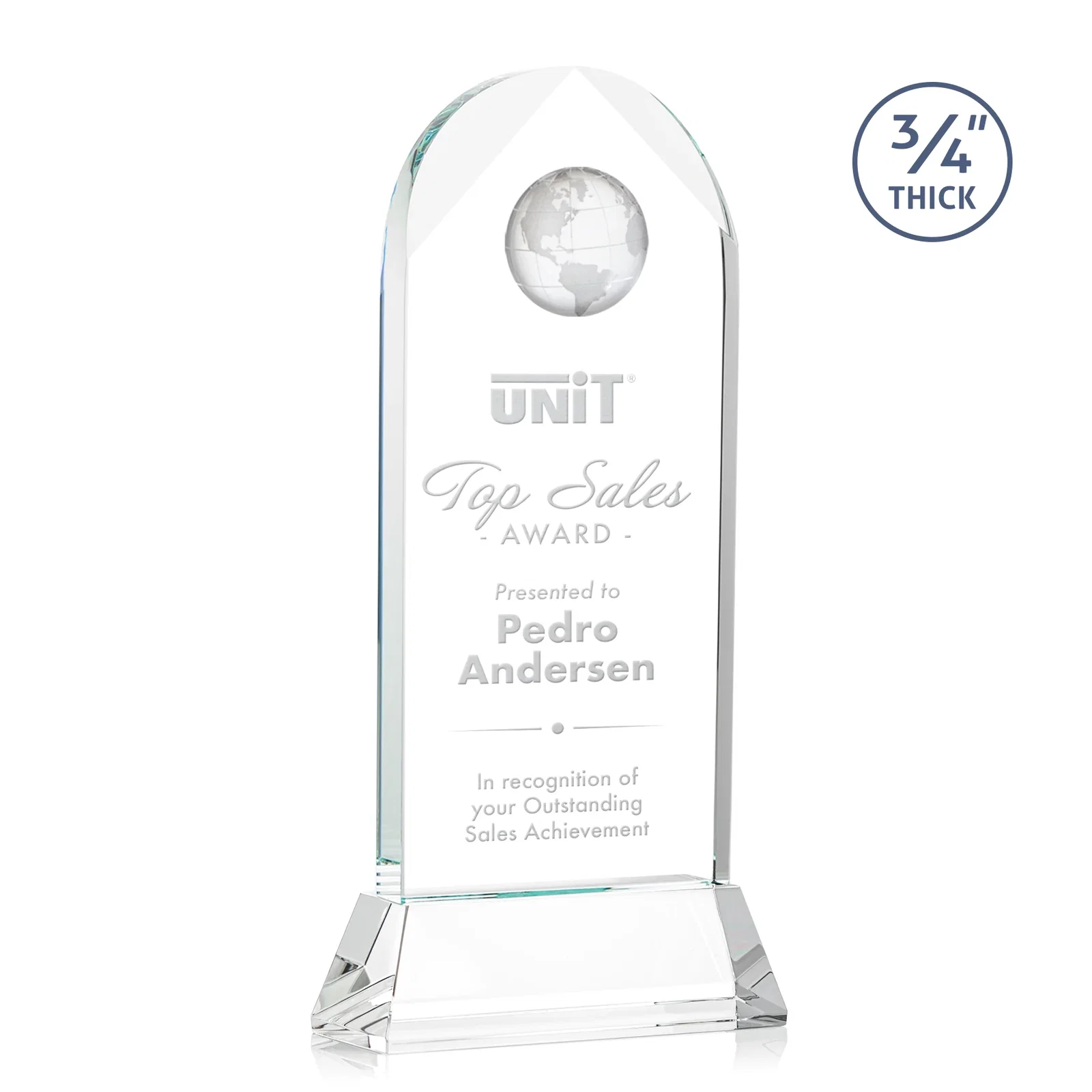 Promotional Starfire Crystal Arch Award Topped With an Optical Crystal Globe for volunteer appreciation