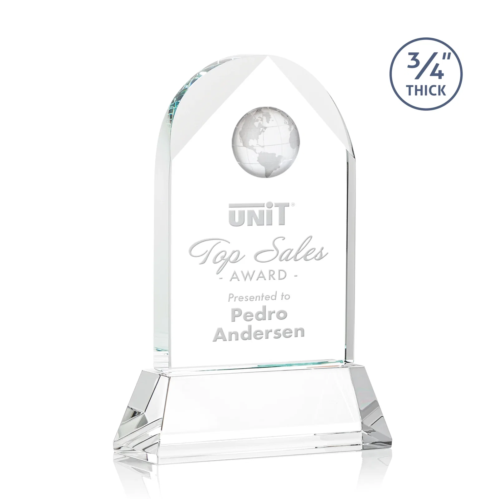 Promotional Starfire Crystal Arch Award Topped With an Optical Crystal Globe for dealer and partner awards
