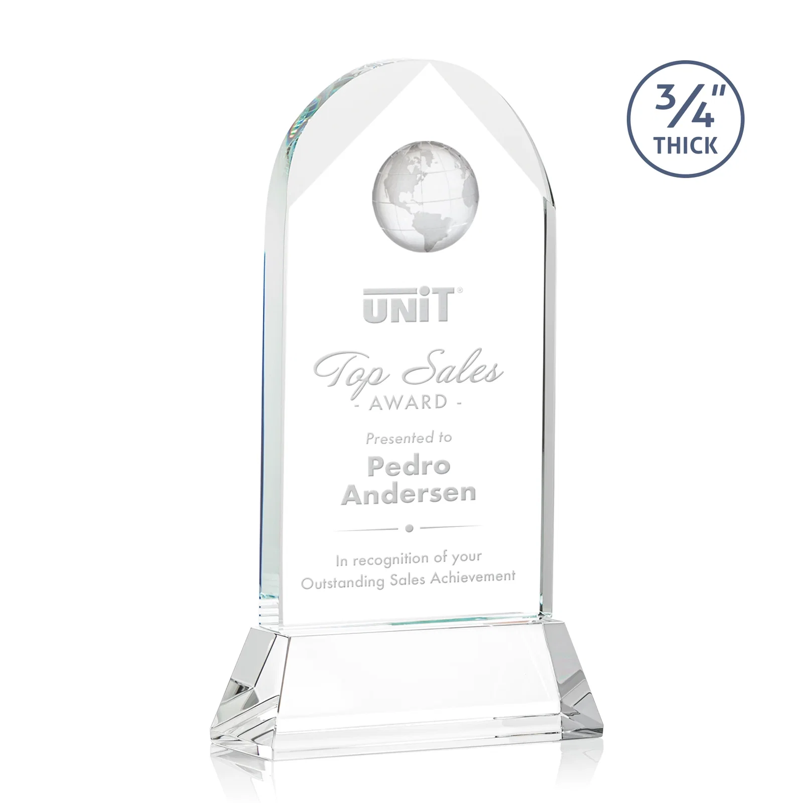 Promotional Starfire Crystal Arch Award Topped With an Optical Crystal Globe for company anniversary events