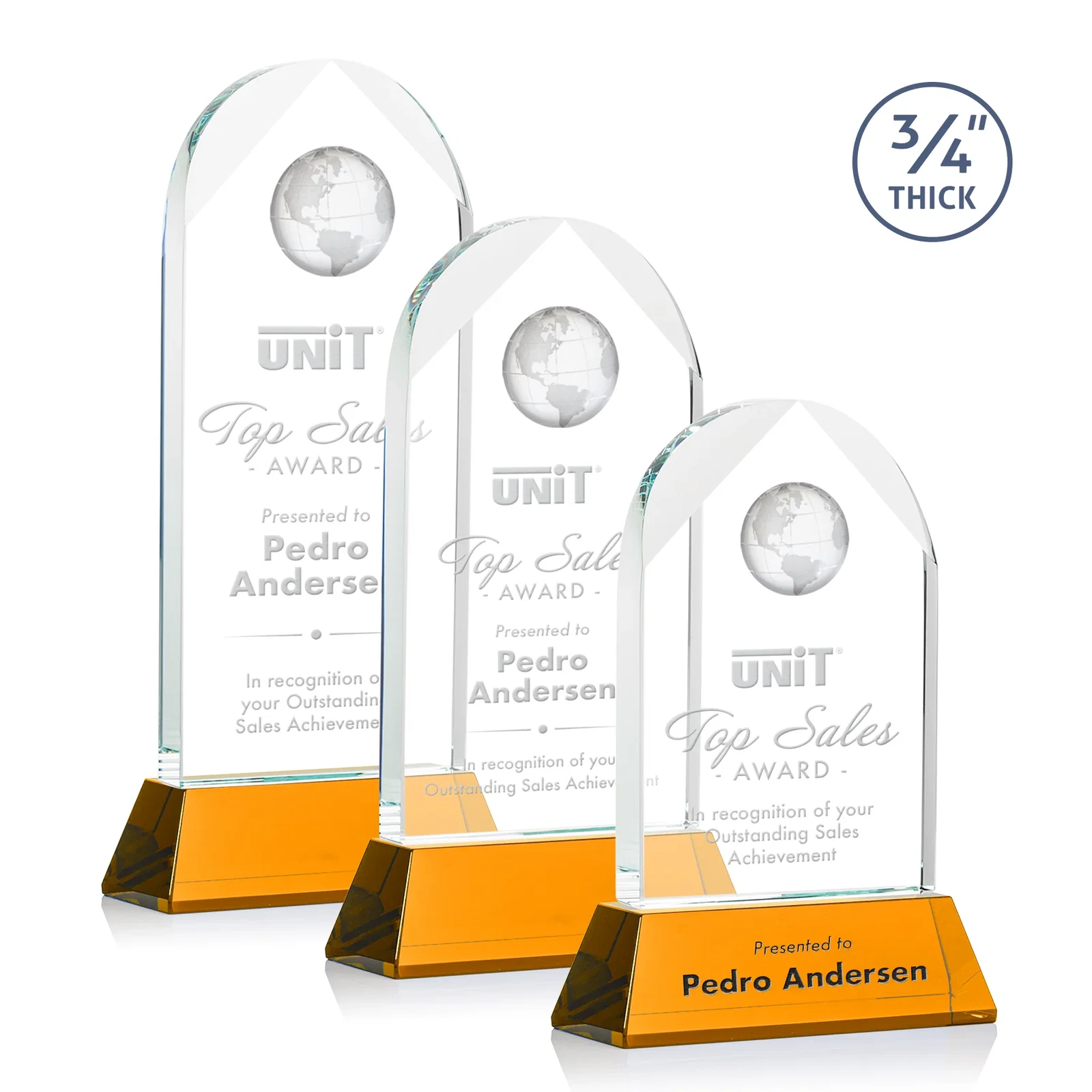 Branded Starfire Crystal Arch Award Topped With an Optical Crystal Globe for employee recognition