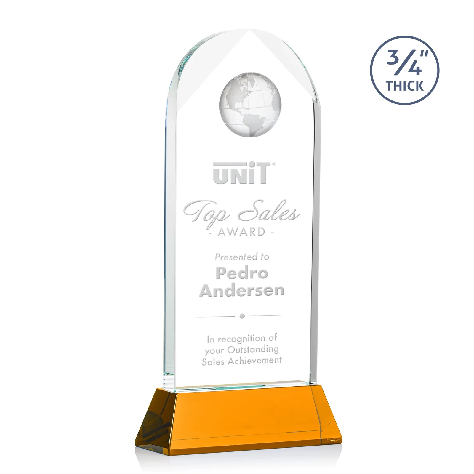 Branded Starfire Crystal Arch Award Topped With an Optical Crystal Globe for corporate award ceremonies