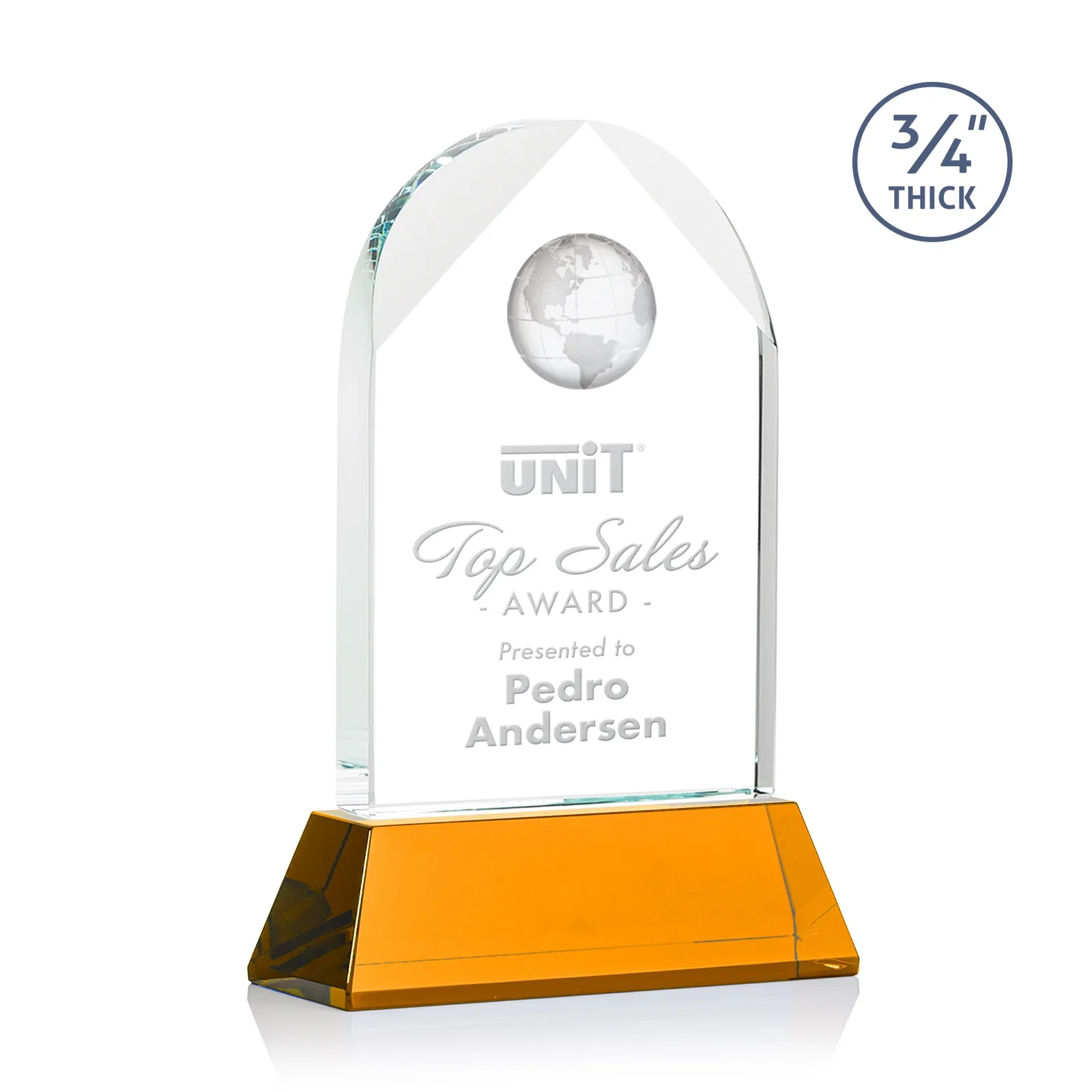 Branded Starfire Crystal Arch Award Topped With an Optical Crystal Globe for service anniversary gifts