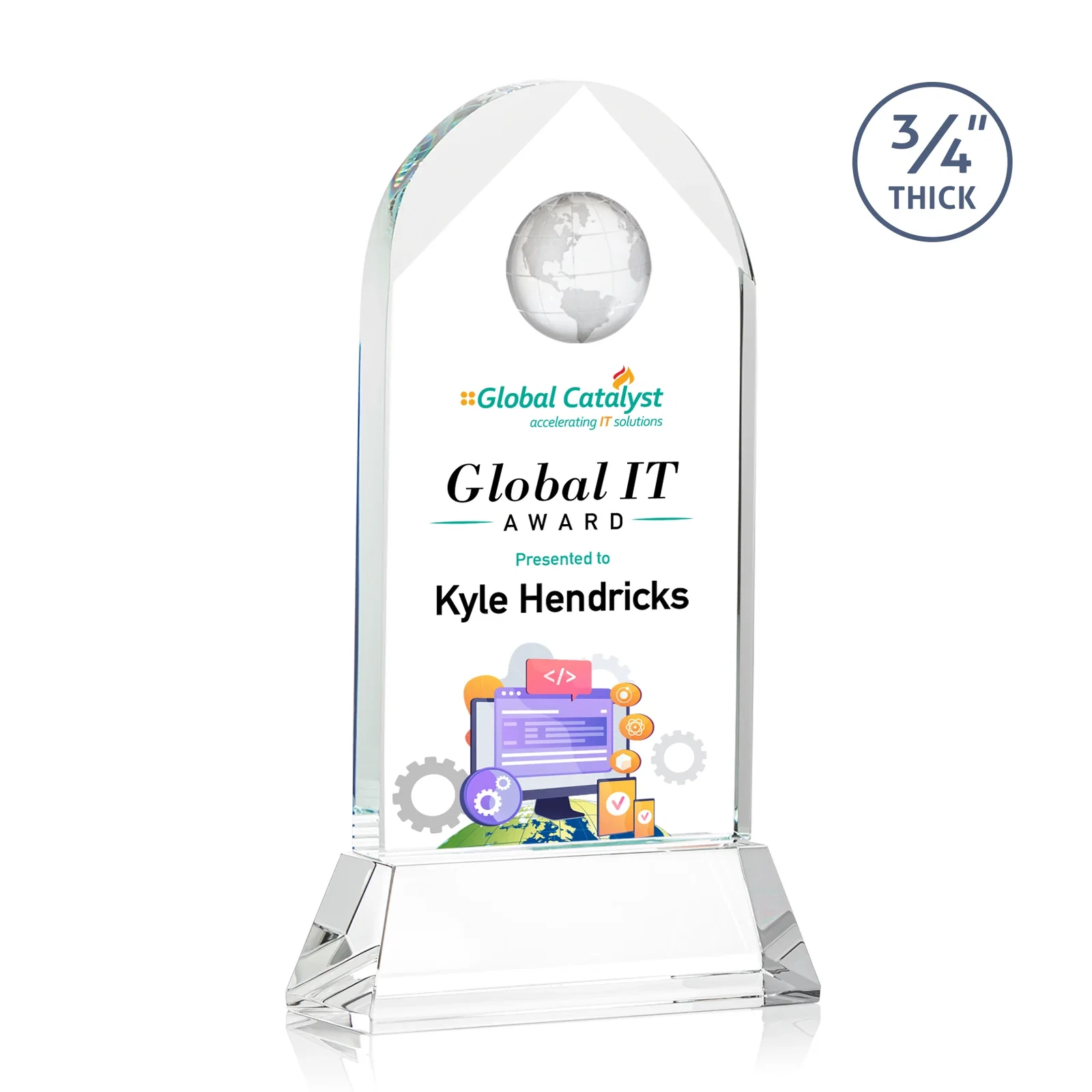 Custom Starfire Crystal Arch Award Topped With an Optical Crystal Globe for sales achievement awards