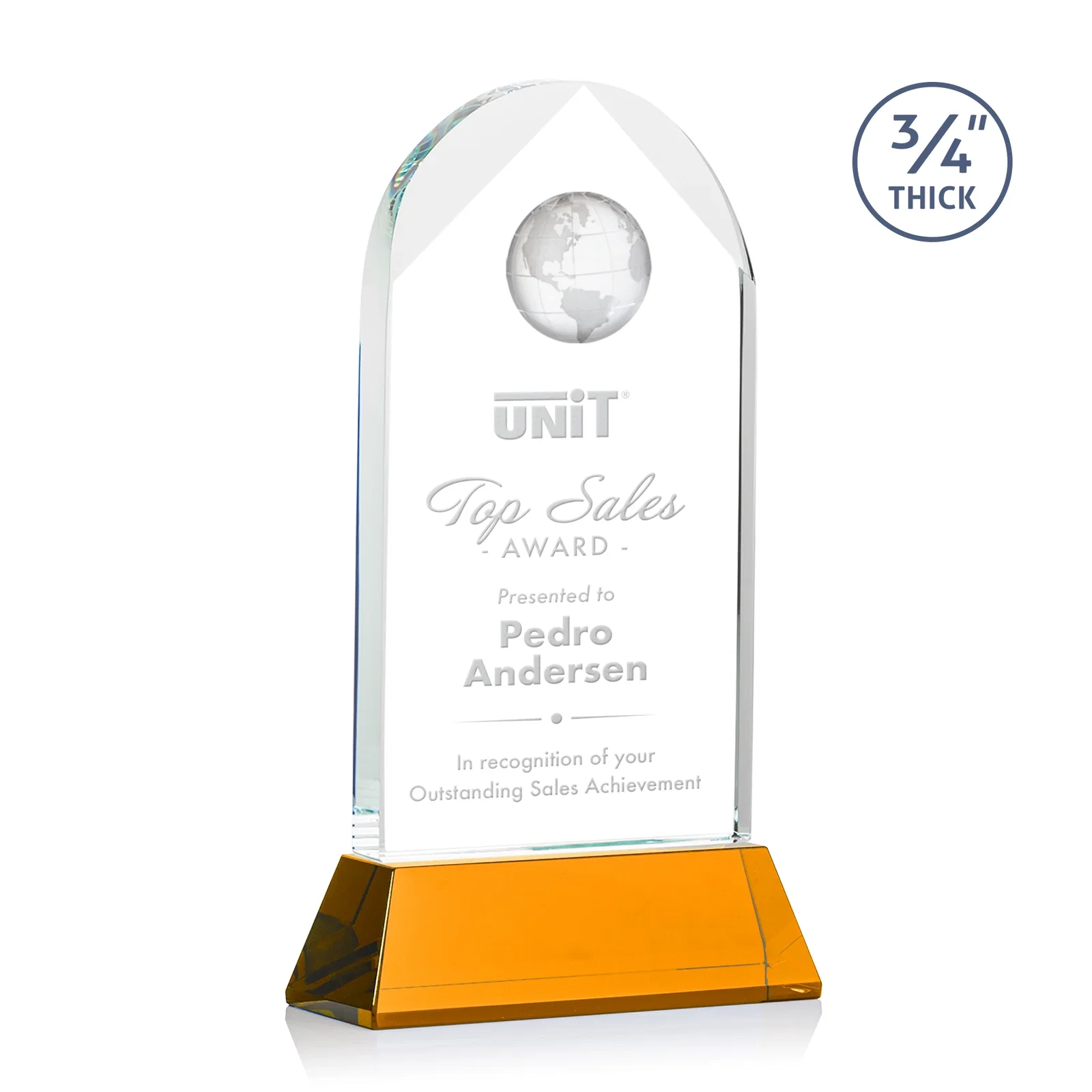 Branded Starfire Crystal Arch Award Topped With an Optical Crystal Globe for sales achievement awards