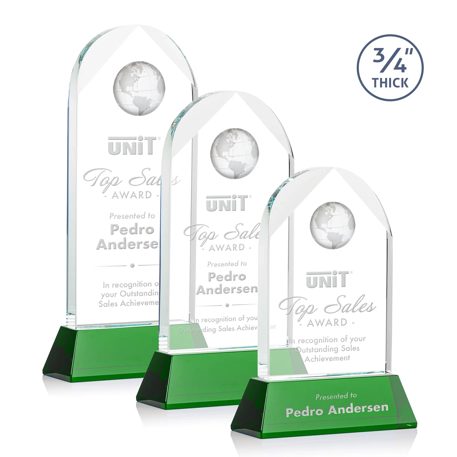 Branded Starfire Crystal Arch Award Topped With an Optical Crystal Globe for retirement presentations