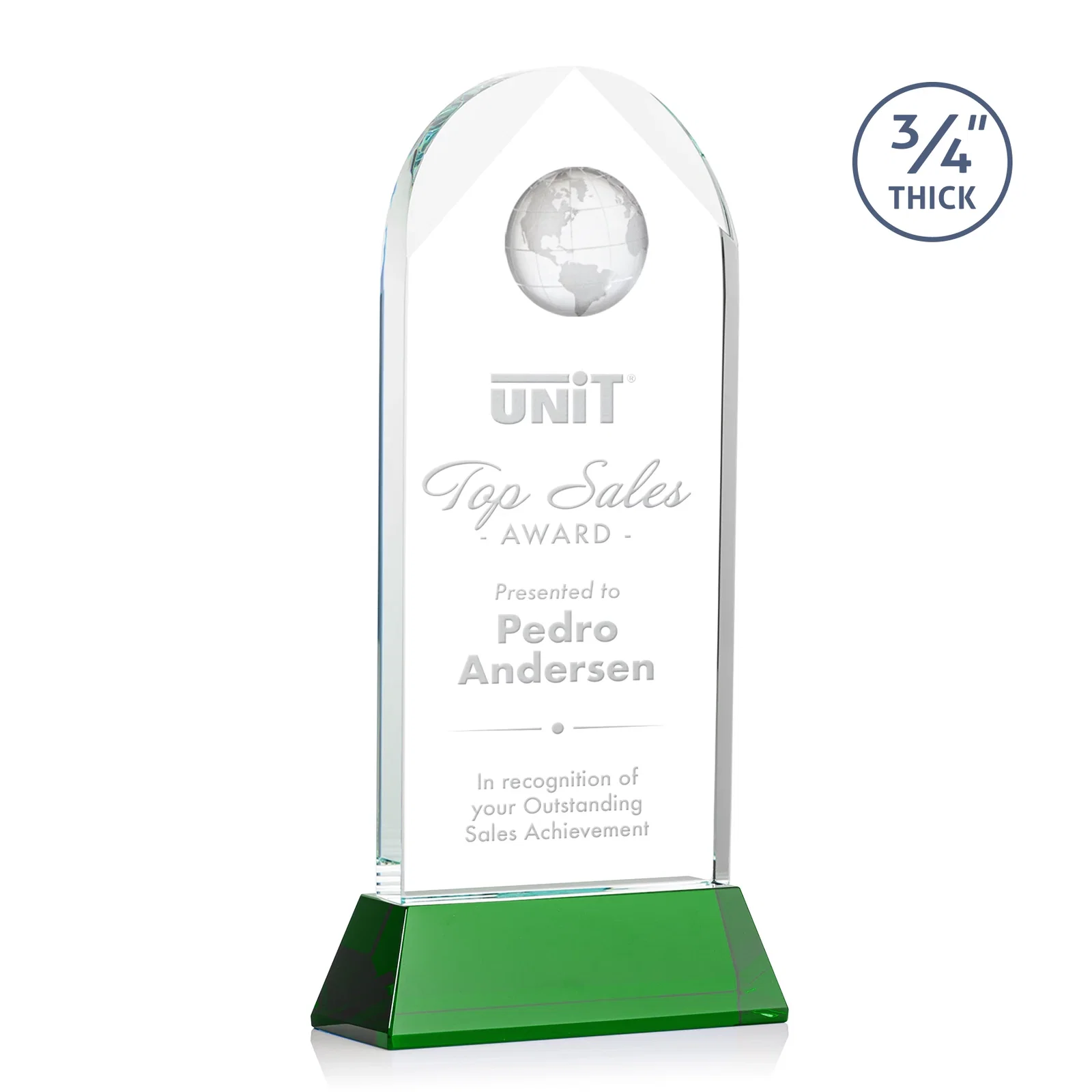 Branded Starfire Crystal Arch Award Topped With an Optical Crystal Globe for team milestone celebrations