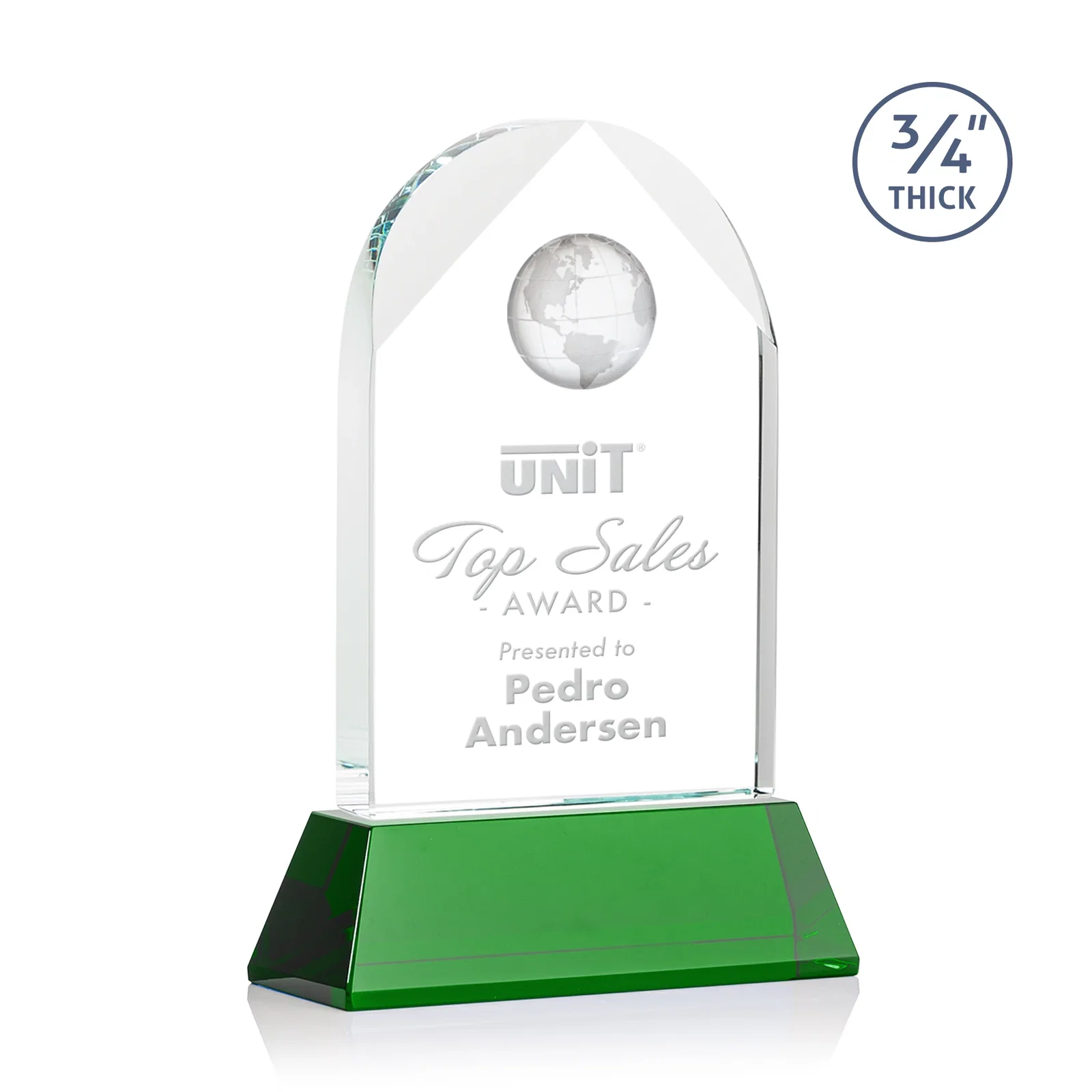 Branded Starfire Crystal Arch Award Topped With an Optical Crystal Globe for donor appreciation
