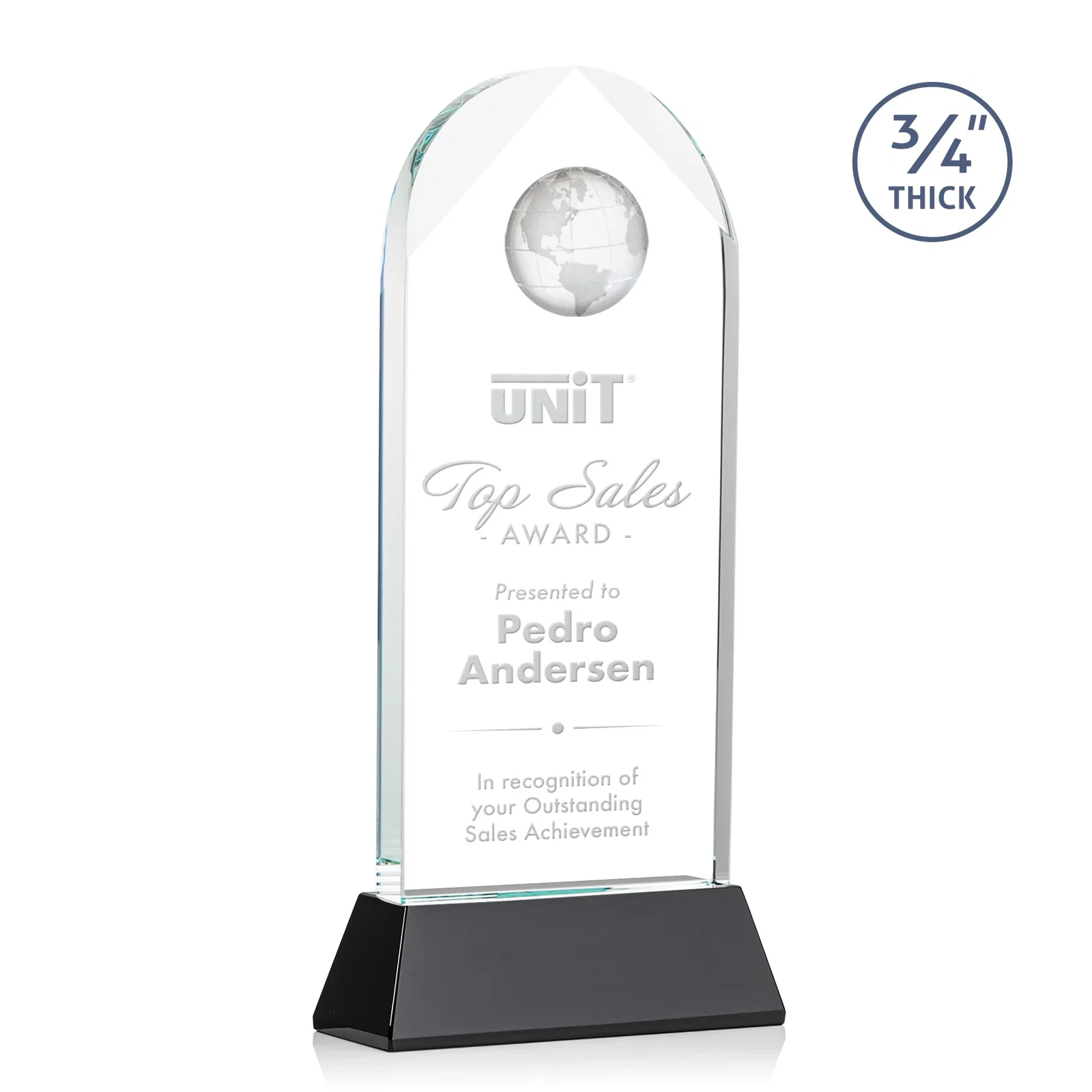 Branded Starfire Crystal Arch Award Topped With an Optical Crystal Globe for volunteer appreciation