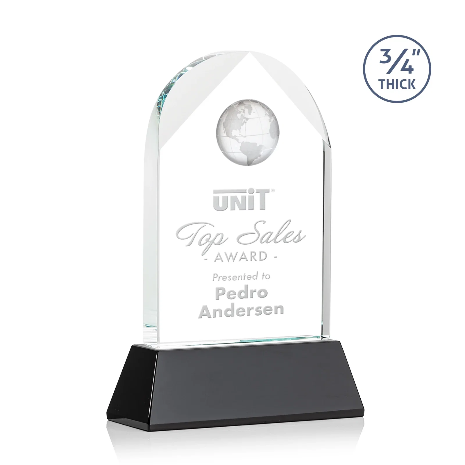 Branded Starfire Crystal Arch Award Topped With an Optical Crystal Globe for dealer and partner awards