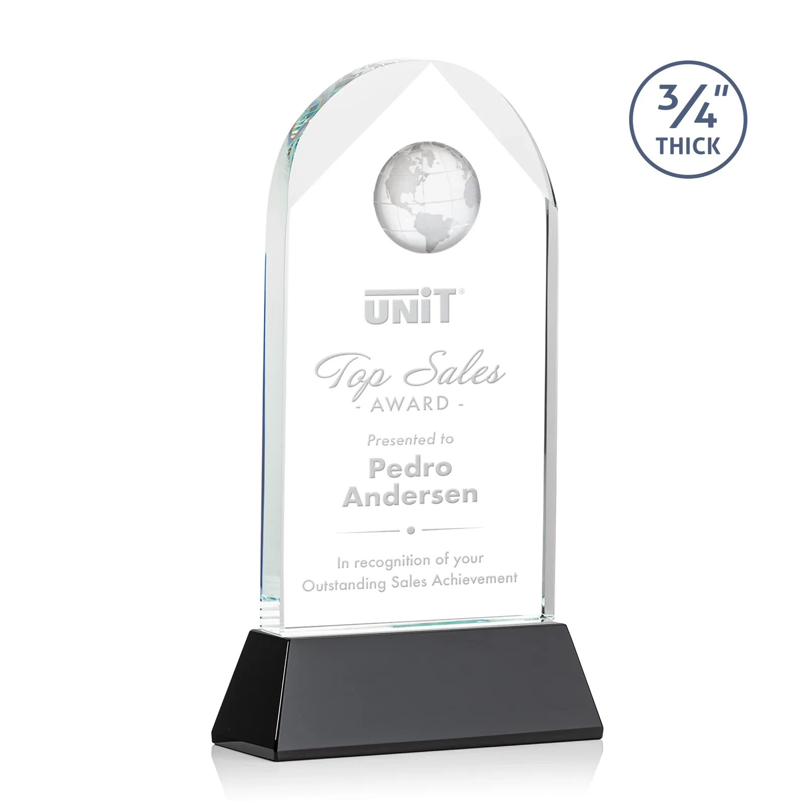 Branded Starfire Crystal Arch Award Topped With an Optical Crystal Globe for company anniversary events