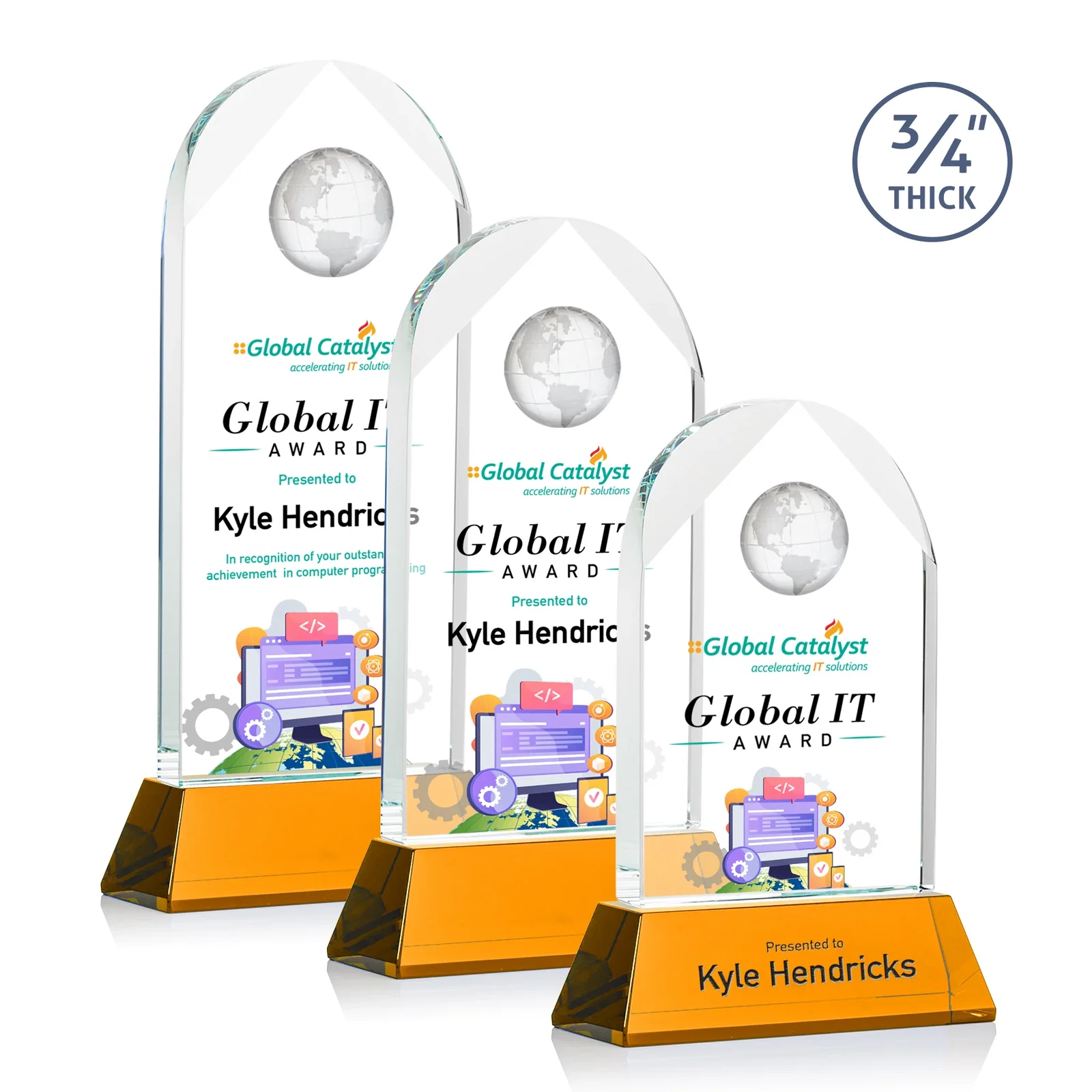 Custom Starfire Crystal Arch Award Topped With an Optical Crystal Globe for retirement presentations