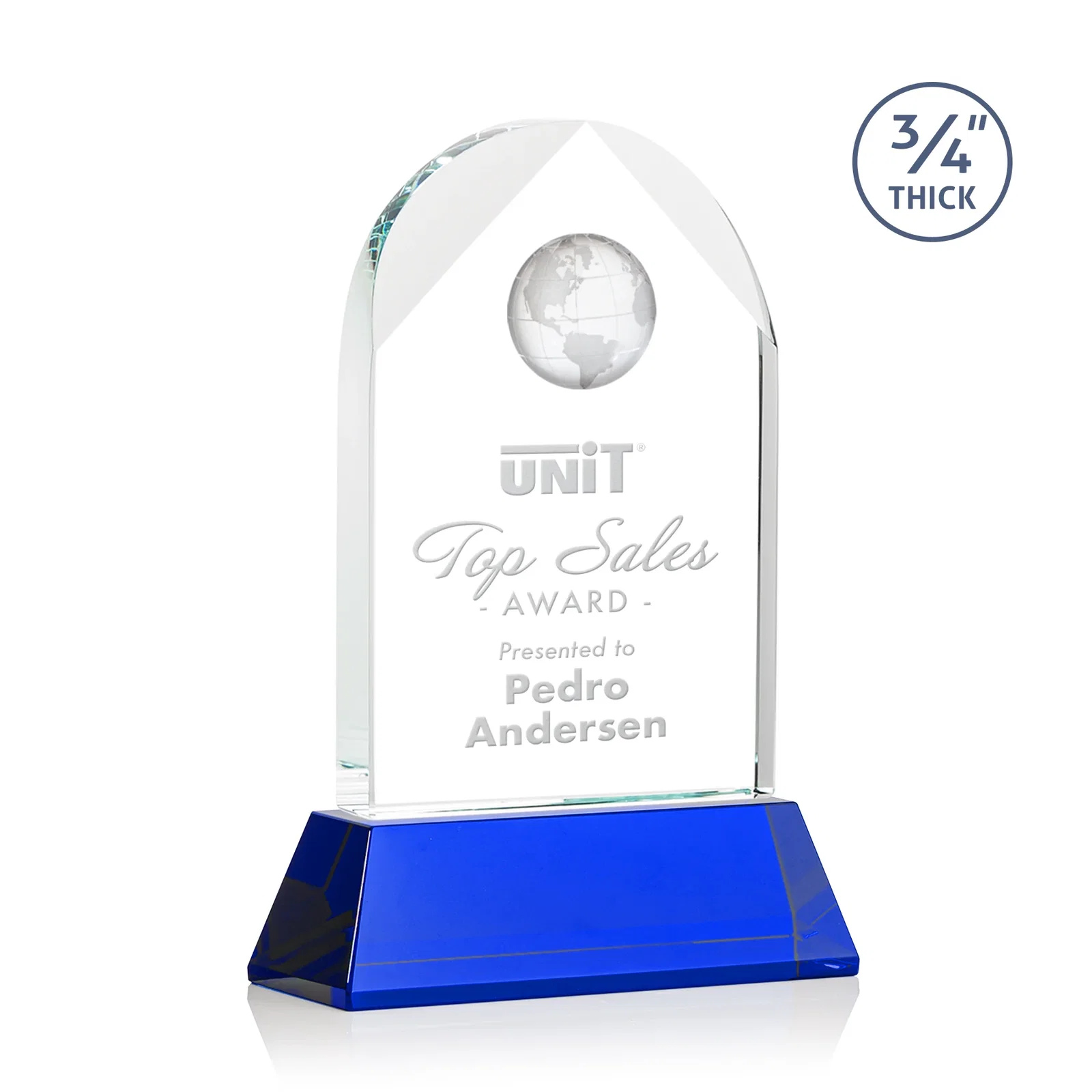 Custom printed Starfire Crystal Arch Award Topped With an Optical Crystal Globe for service anniversary gifts