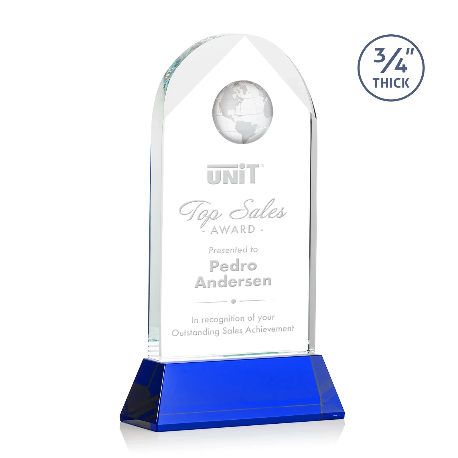 Custom printed Starfire Crystal Arch Award Topped With an Optical Crystal Globe for sales achievement awards
