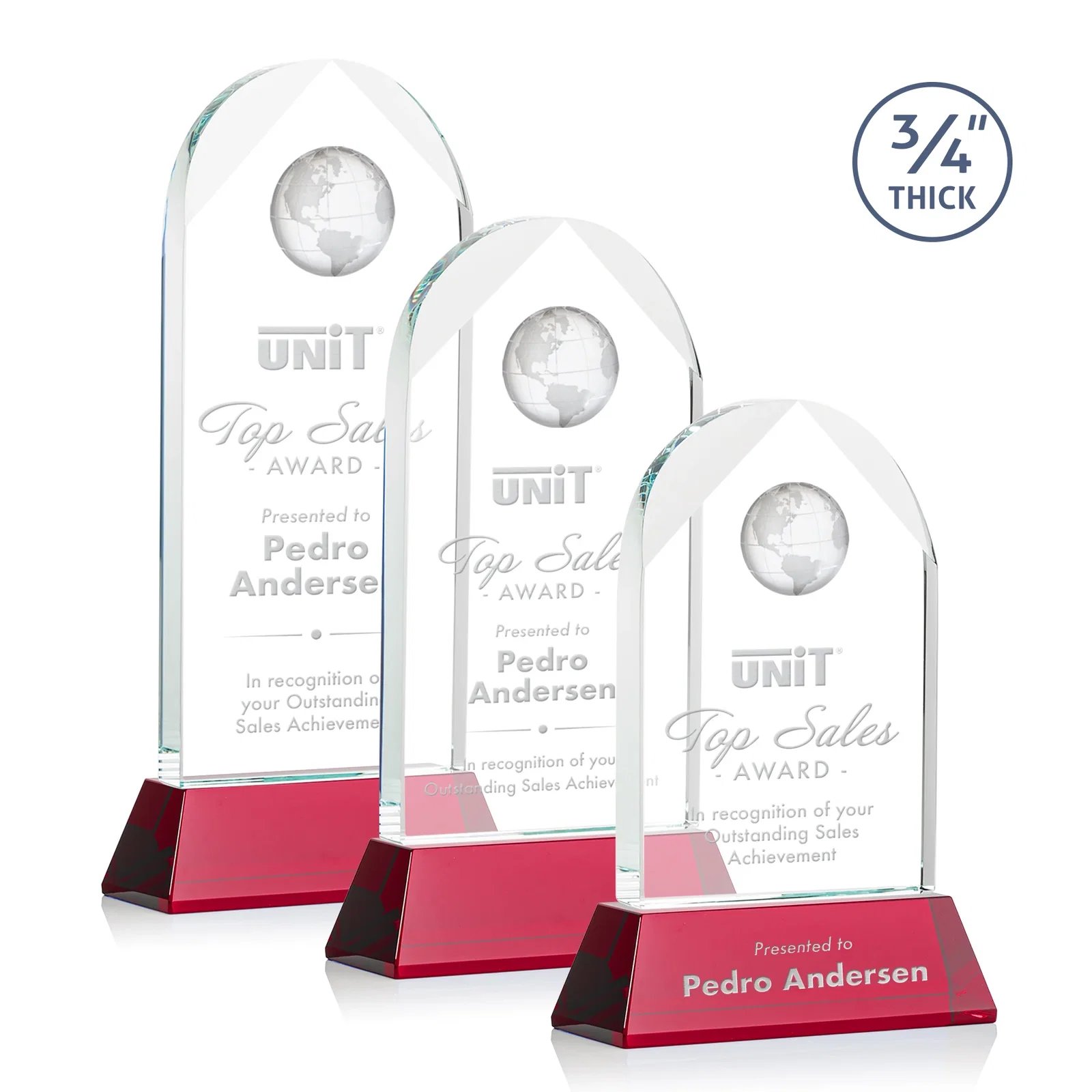 Custom printed Starfire Crystal Arch Award Topped With an Optical Crystal Globe for retirement presentations