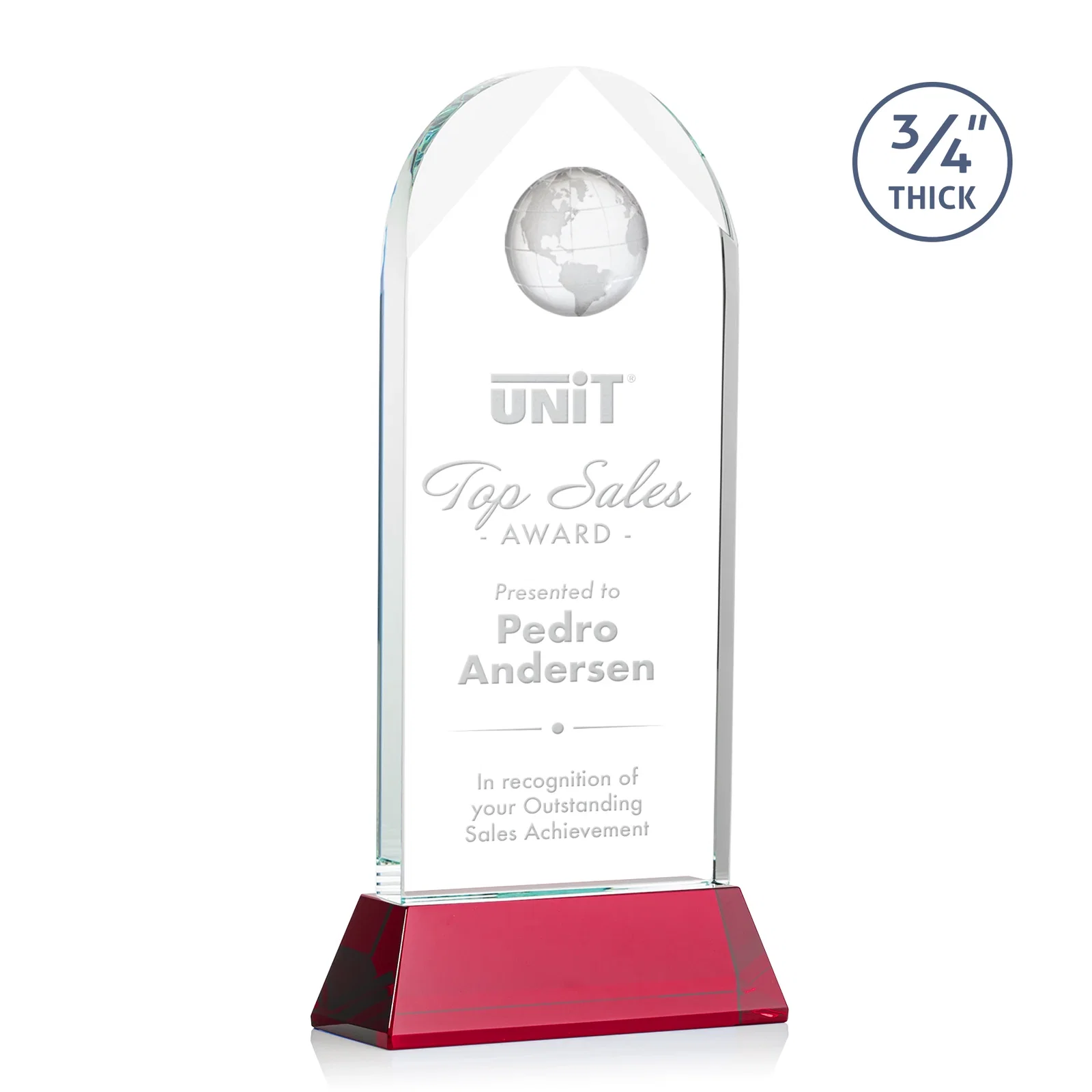 Custom printed Starfire Crystal Arch Award Topped With an Optical Crystal Globe for team milestone celebrations
