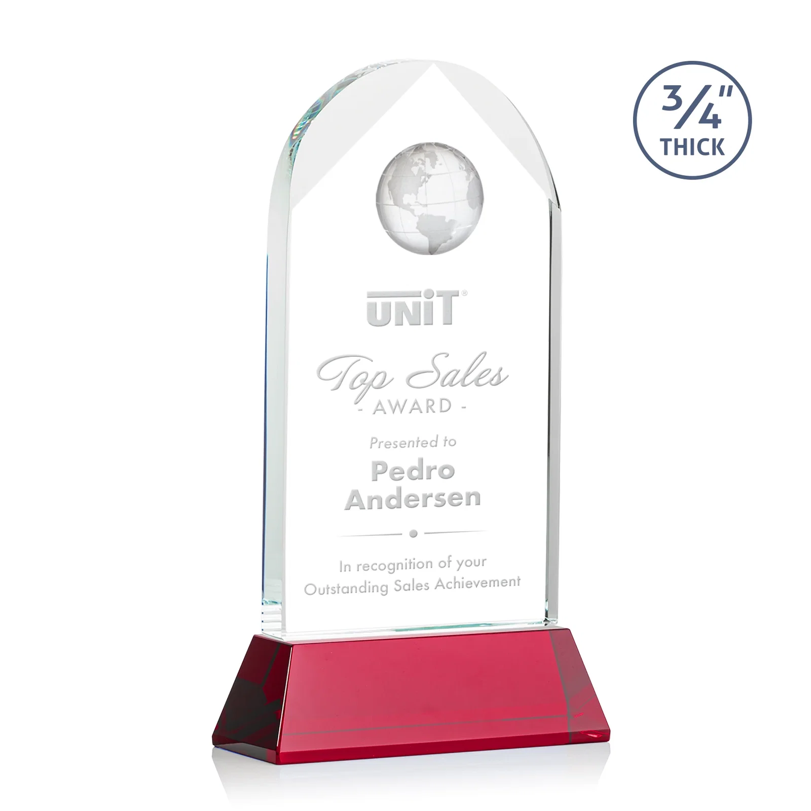 Custom printed Starfire Crystal Arch Award Topped With an Optical Crystal Globe for graduation ceremonies