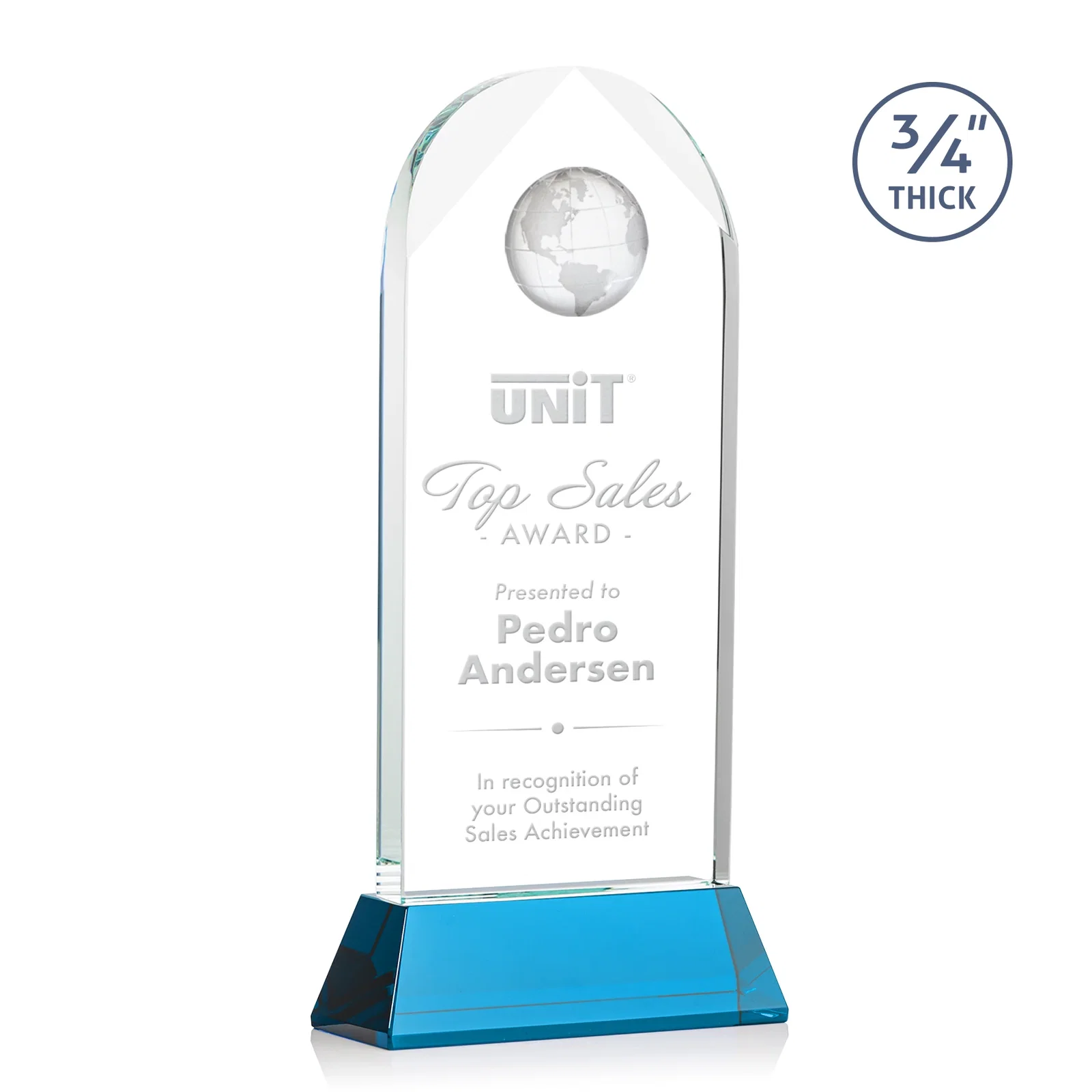 Custom printed Starfire Crystal Arch Award Topped With an Optical Crystal Globe for volunteer appreciation