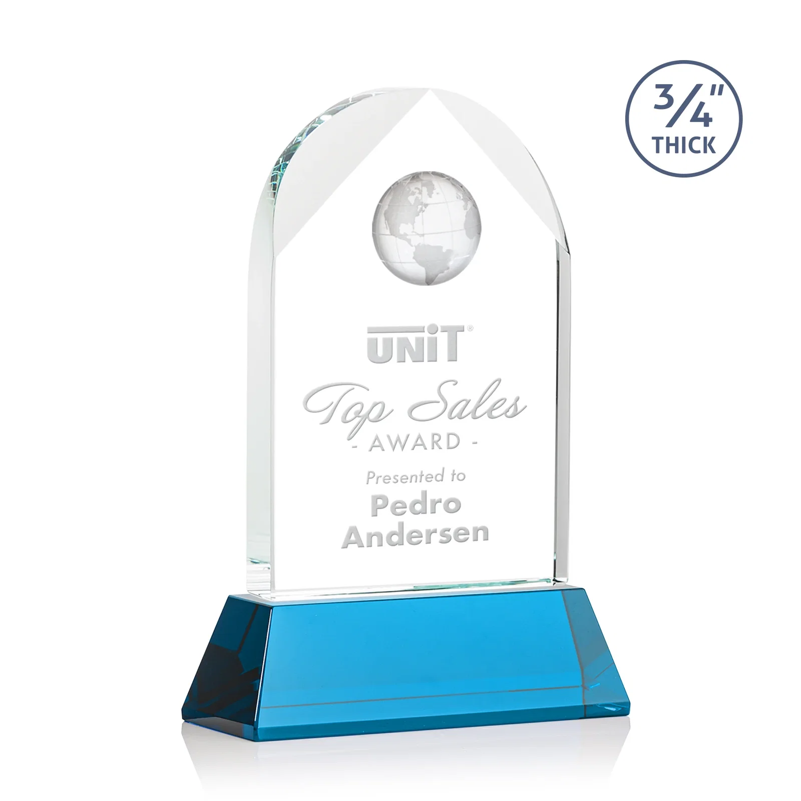 Custom printed Starfire Crystal Arch Award Topped With an Optical Crystal Globe for dealer and partner awards