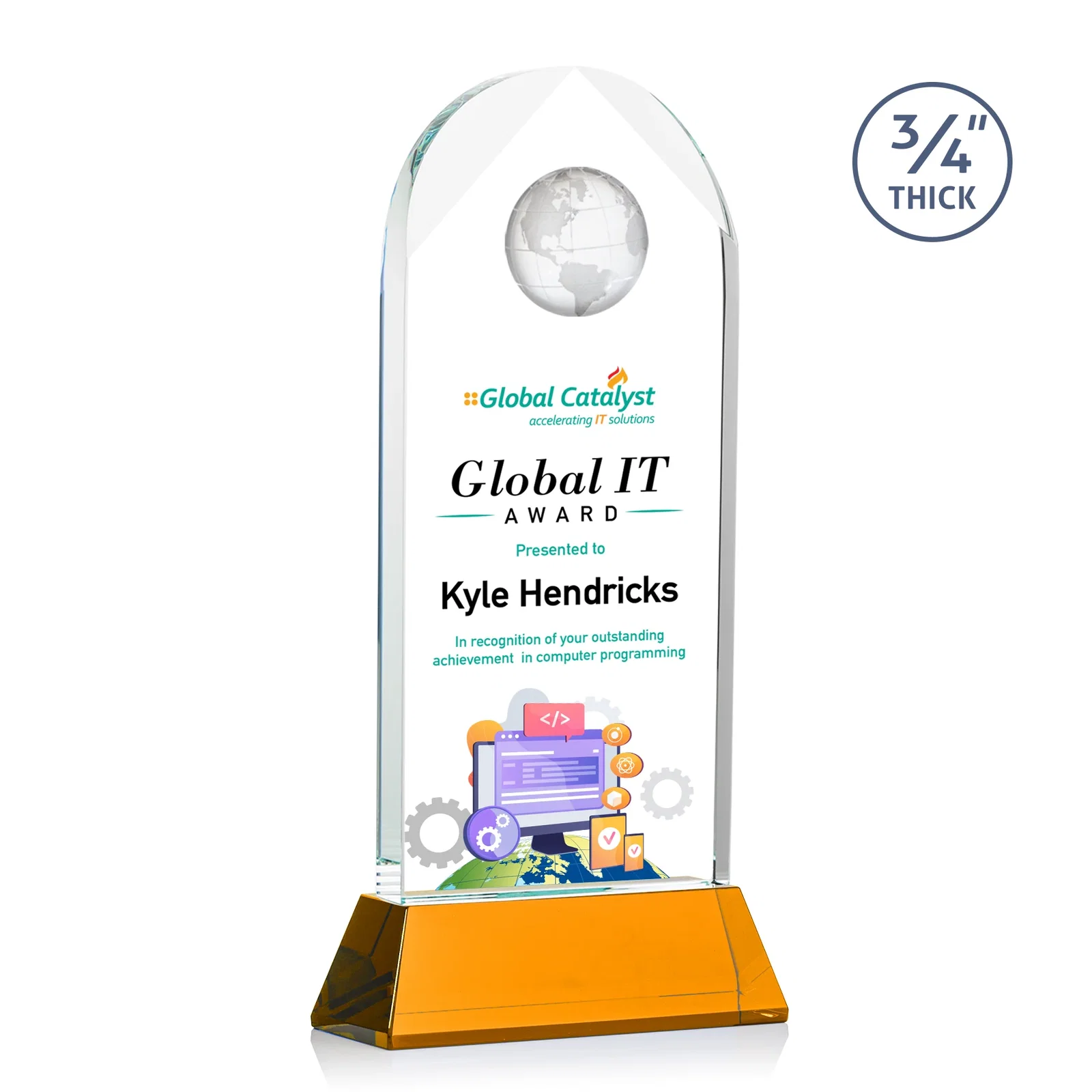 Custom Starfire Crystal Arch Award Topped With an Optical Crystal Globe for team milestone celebrations