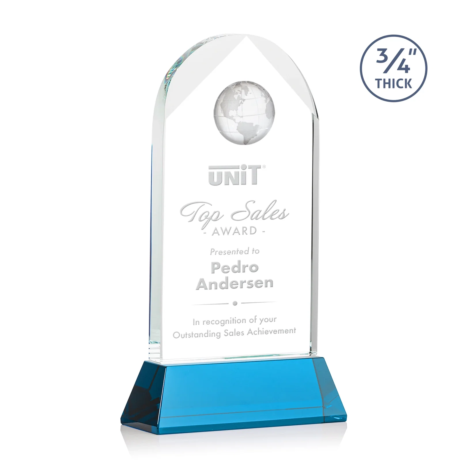 Custom printed Starfire Crystal Arch Award Topped With an Optical Crystal Globe for company anniversary events