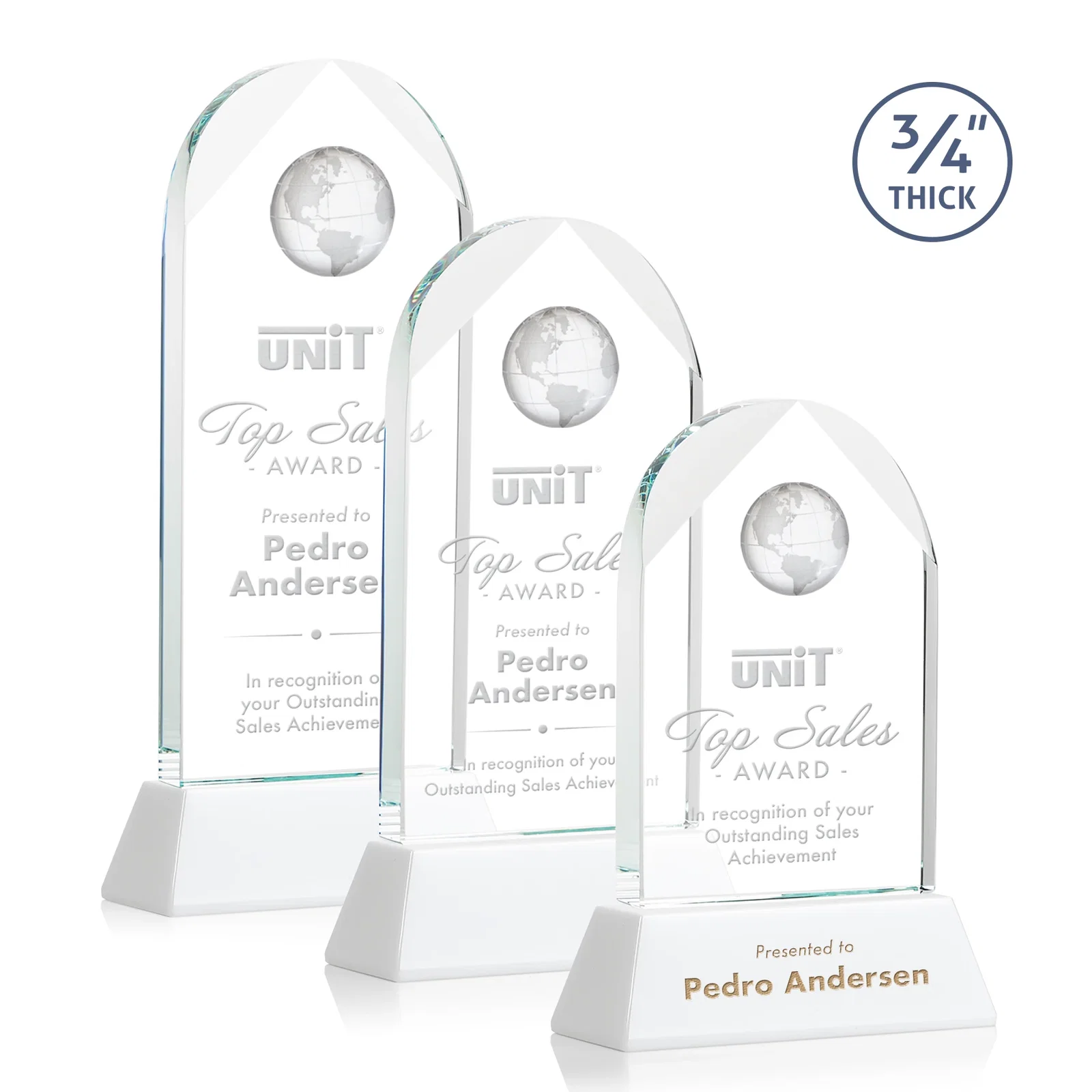 Customized Starfire Crystal Arch Award Topped With an Optical Crystal Globe for employee recognition