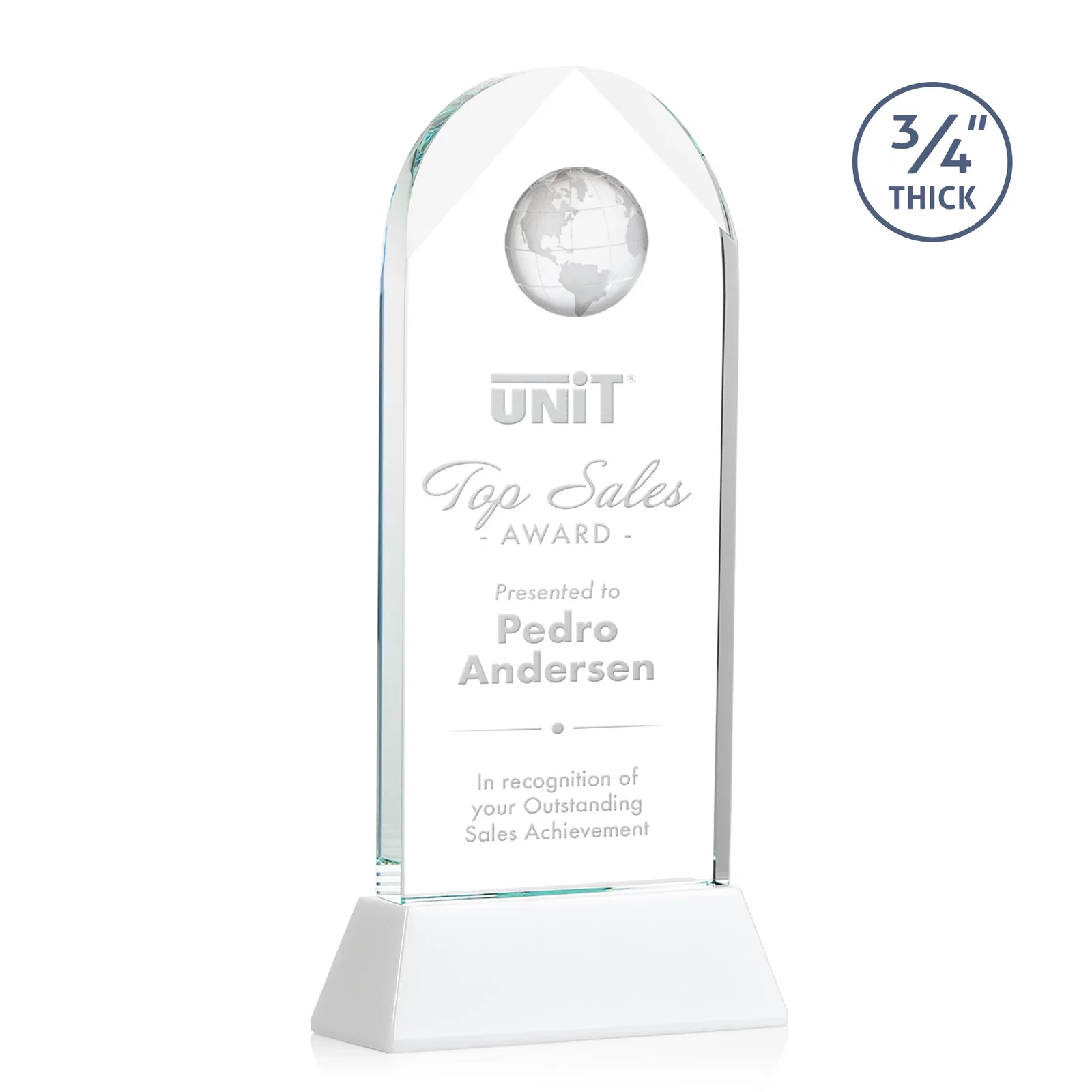 Customized Starfire Crystal Arch Award Topped With an Optical Crystal Globe for corporate award ceremonies