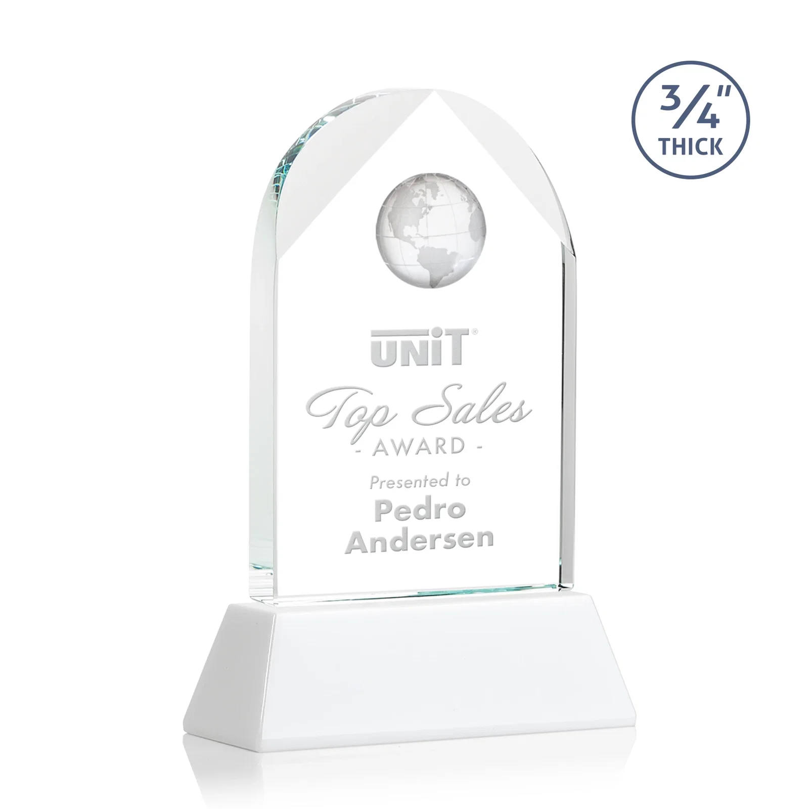 Customized Starfire Crystal Arch Award Topped With an Optical Crystal Globe for service anniversary gifts