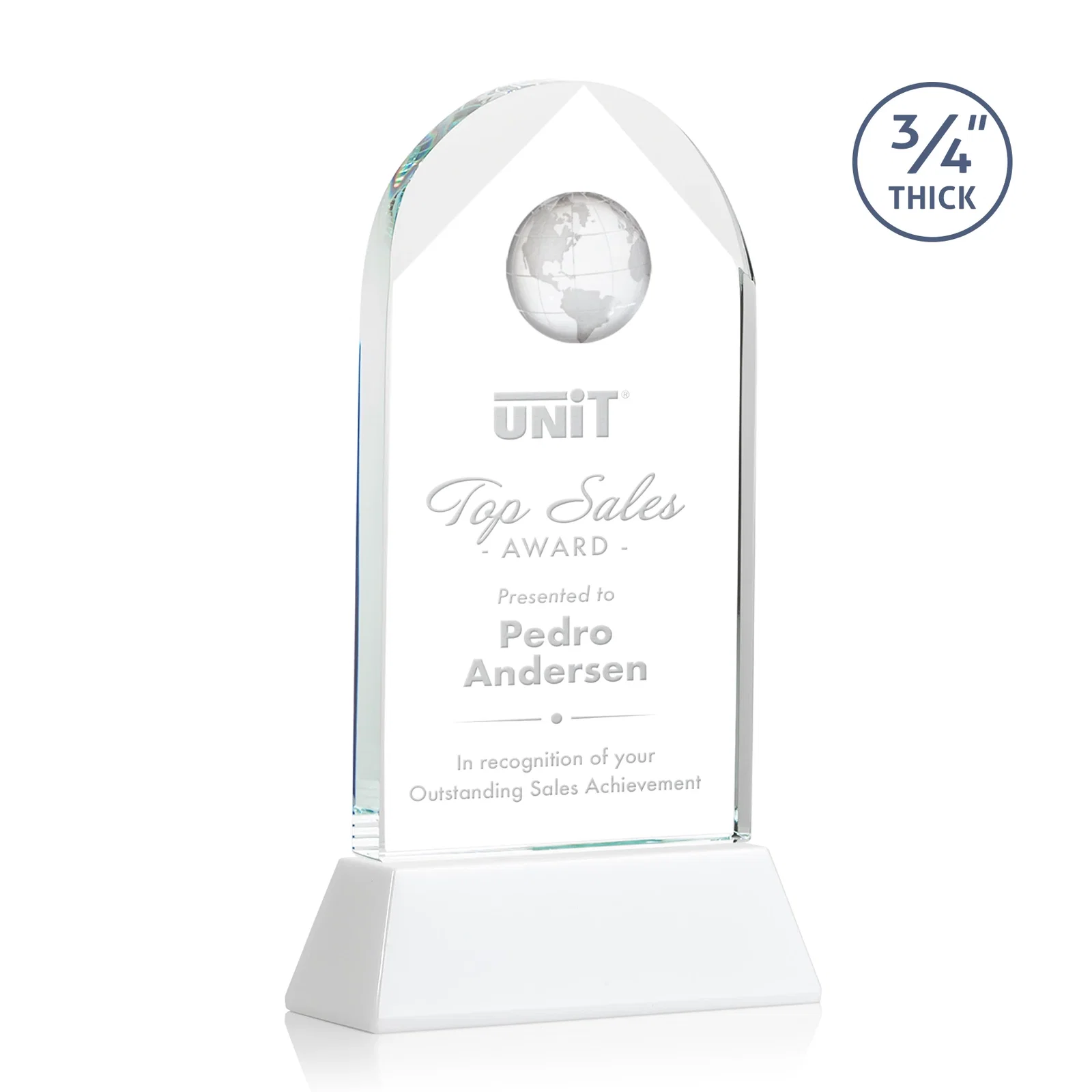 Customized Starfire Crystal Arch Award Topped With an Optical Crystal Globe for sales achievement awards