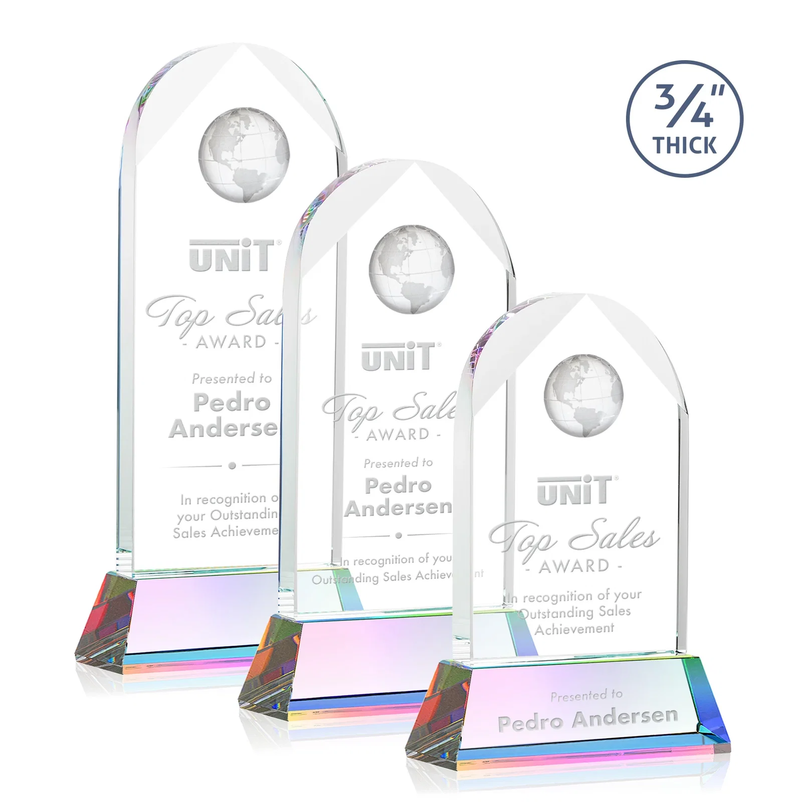 Customized Starfire Crystal Arch Award Topped With an Optical Crystal Globe for retirement presentations