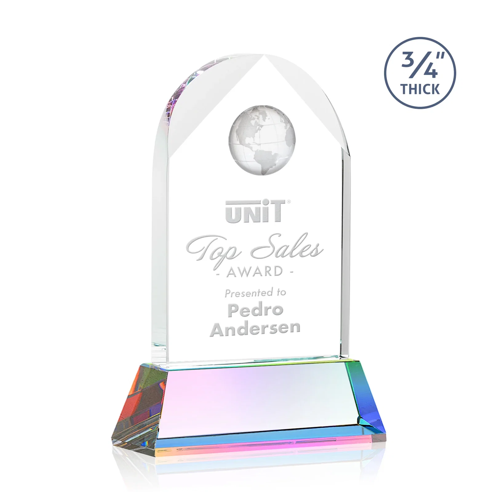 Customized Starfire Crystal Arch Award Topped With an Optical Crystal Globe for team milestone celebrations