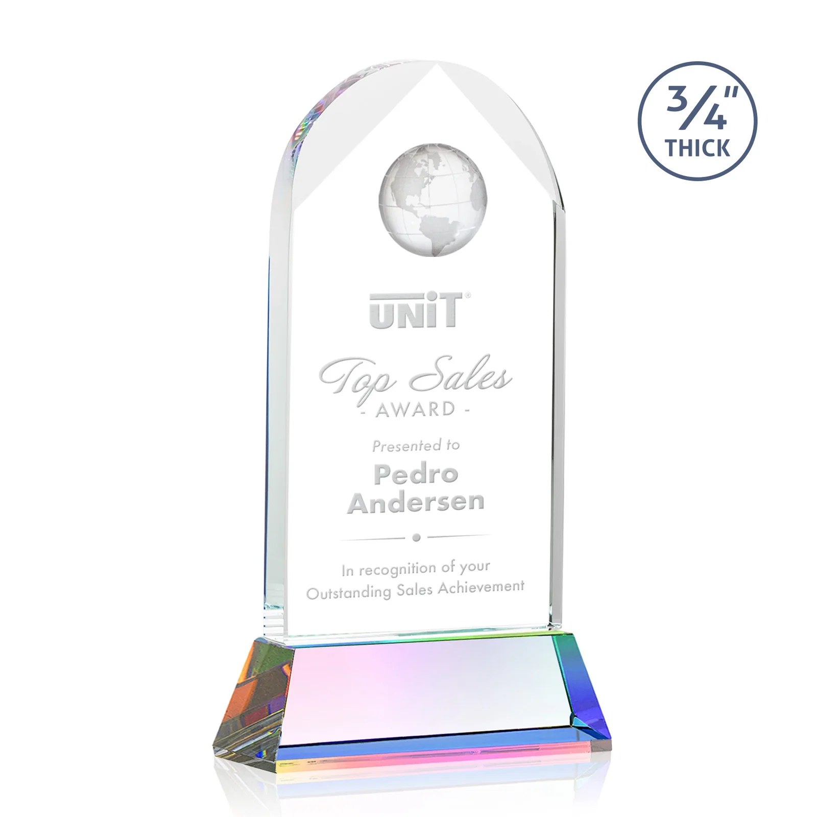 Customized Starfire Crystal Arch Award Topped With an Optical Crystal Globe for donor appreciation