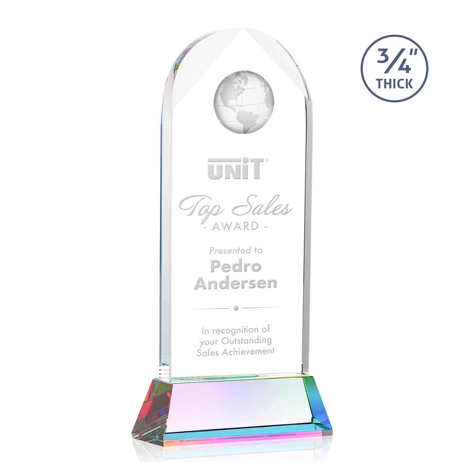 Customized Starfire Crystal Arch Award Topped With an Optical Crystal Globe for graduation ceremonies