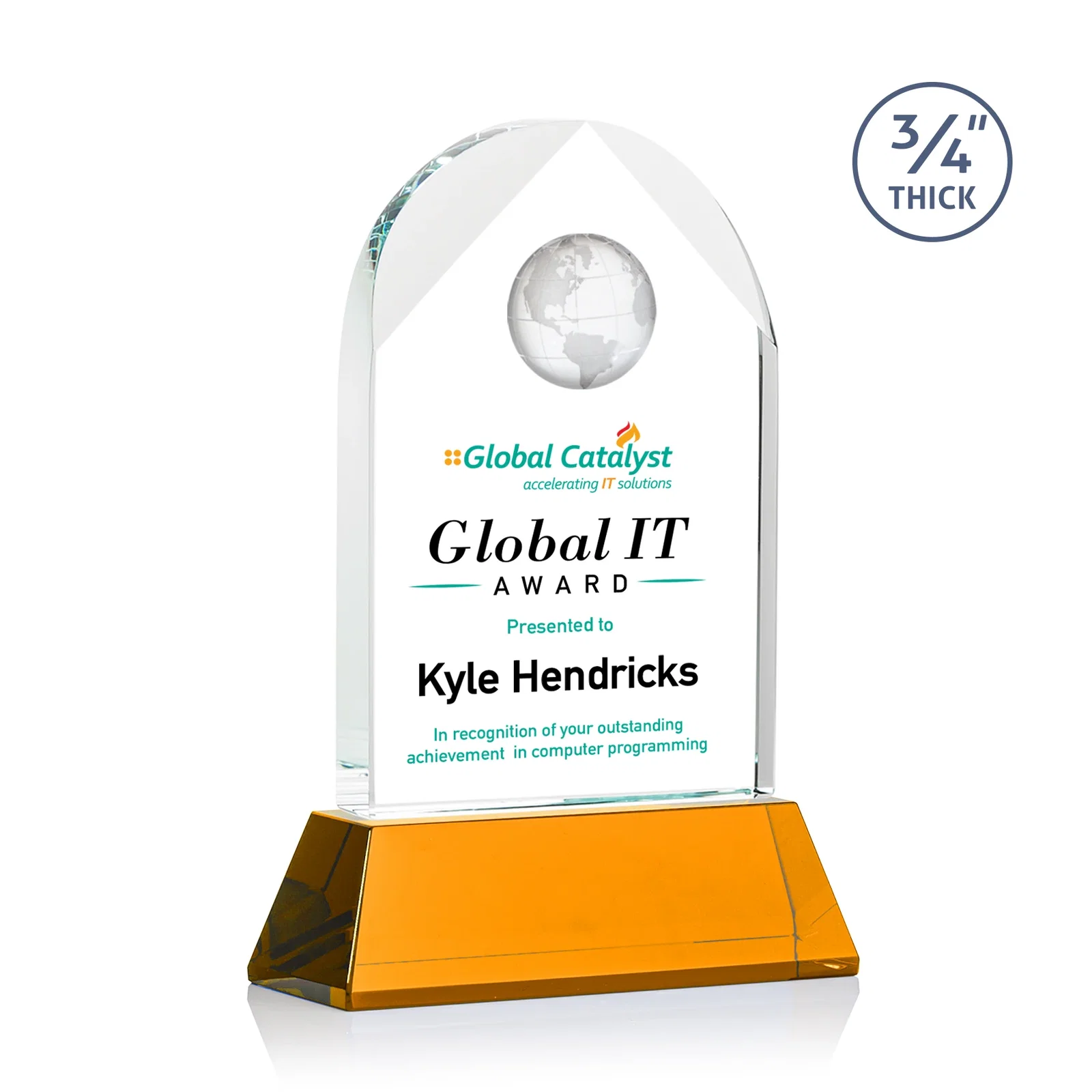 Custom Starfire Crystal Arch Award Topped With an Optical Crystal Globe for donor appreciation
