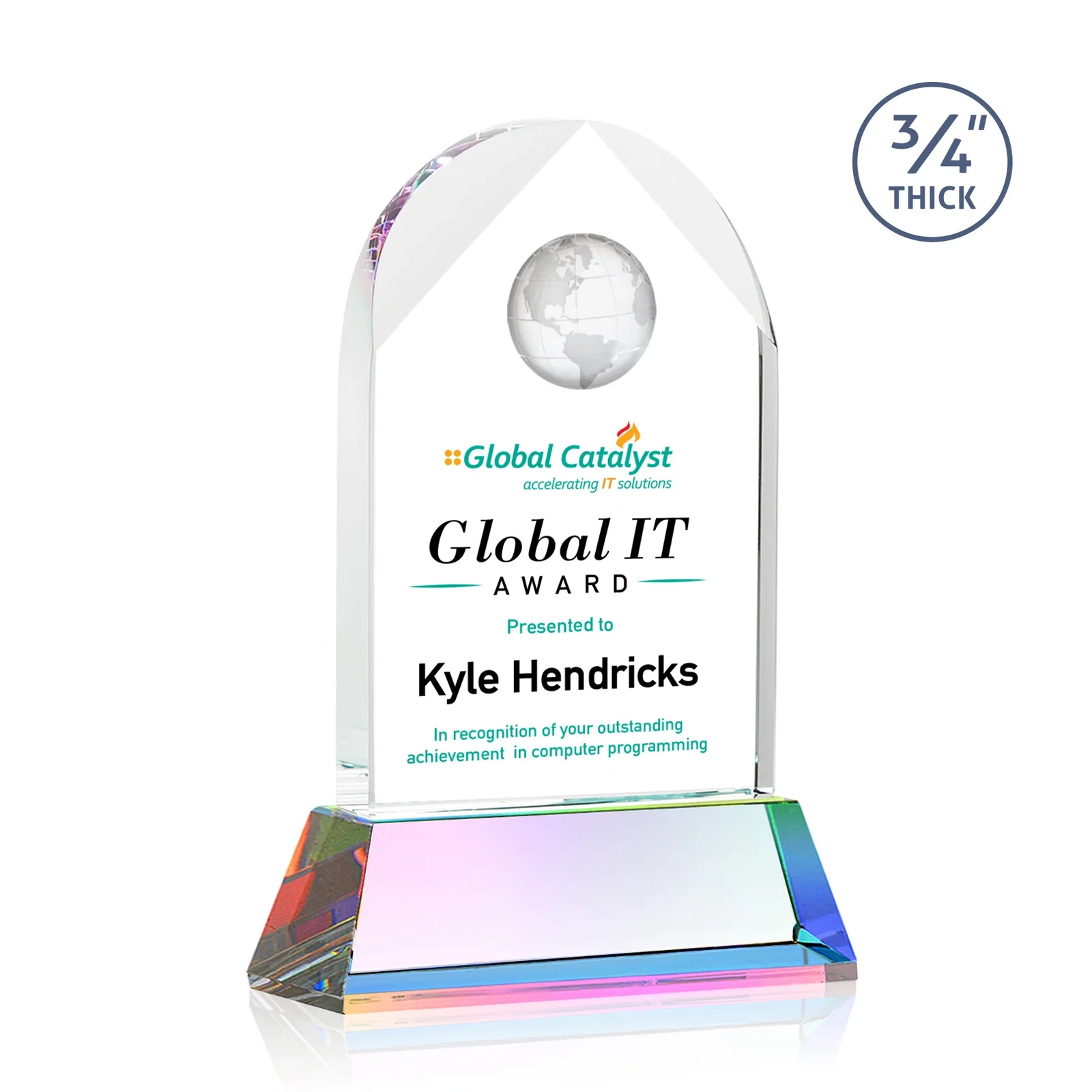 Customized Starfire Crystal Arch Award Topped With an Optical Crystal Globe for volunteer appreciation